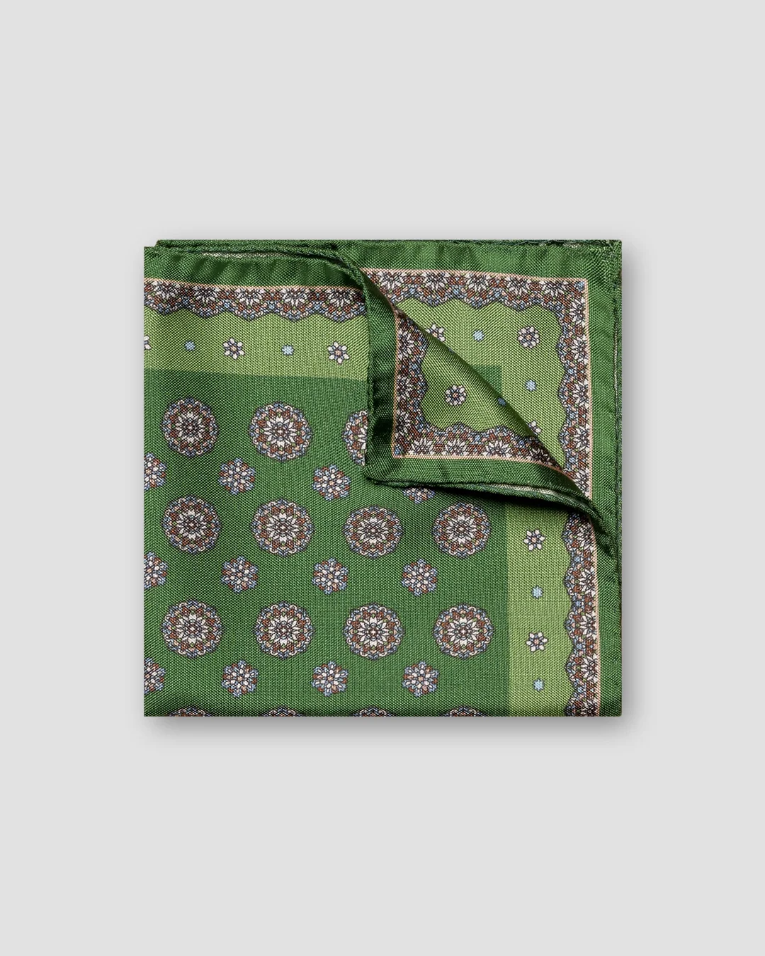 Green Medallion Print Silk Pocket Square - Eton