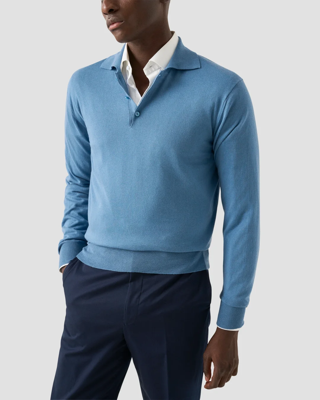 【ずっと真夜中でいいのに。】長袖ニットポロシャツ/ライトブルー dark-blue-cotton-cashmere-fine