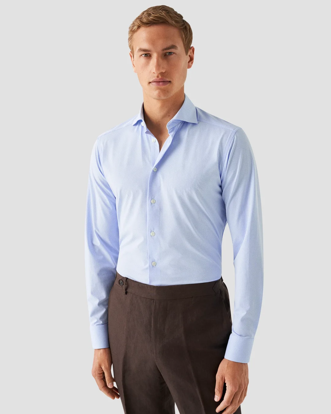 Light Blue Textured Four-Way Stretch Shirt - Eton