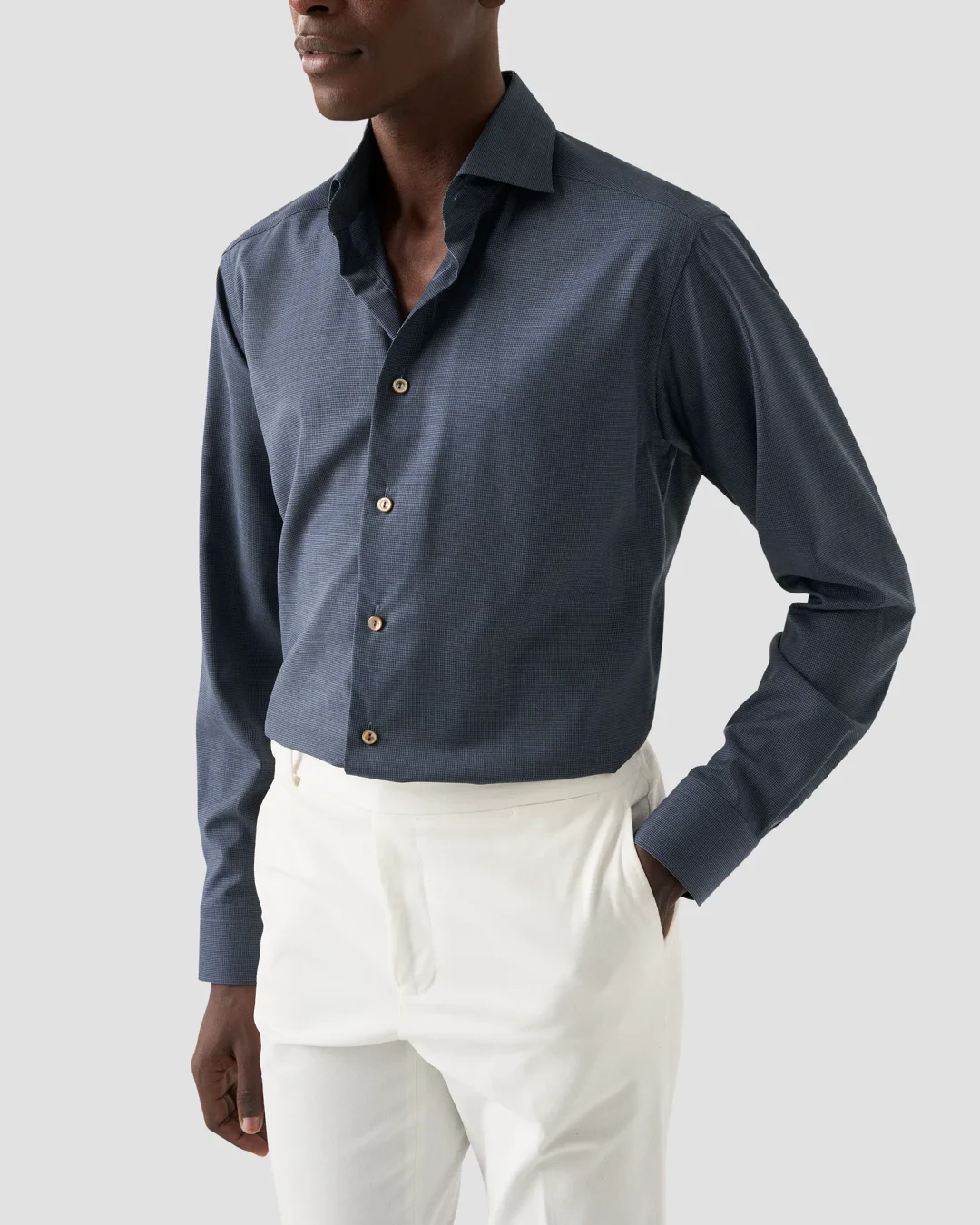 Navy Houndstooth Merino Wool Shirt - Eton