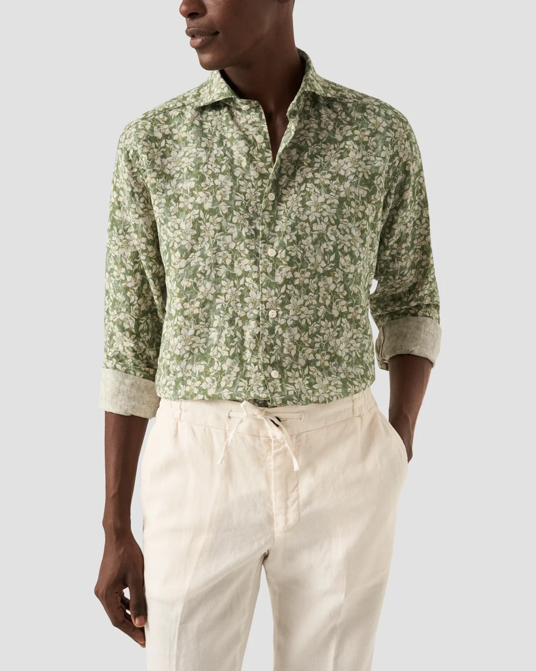 green floral dress shirt men Green Floral Print Linen Shirt