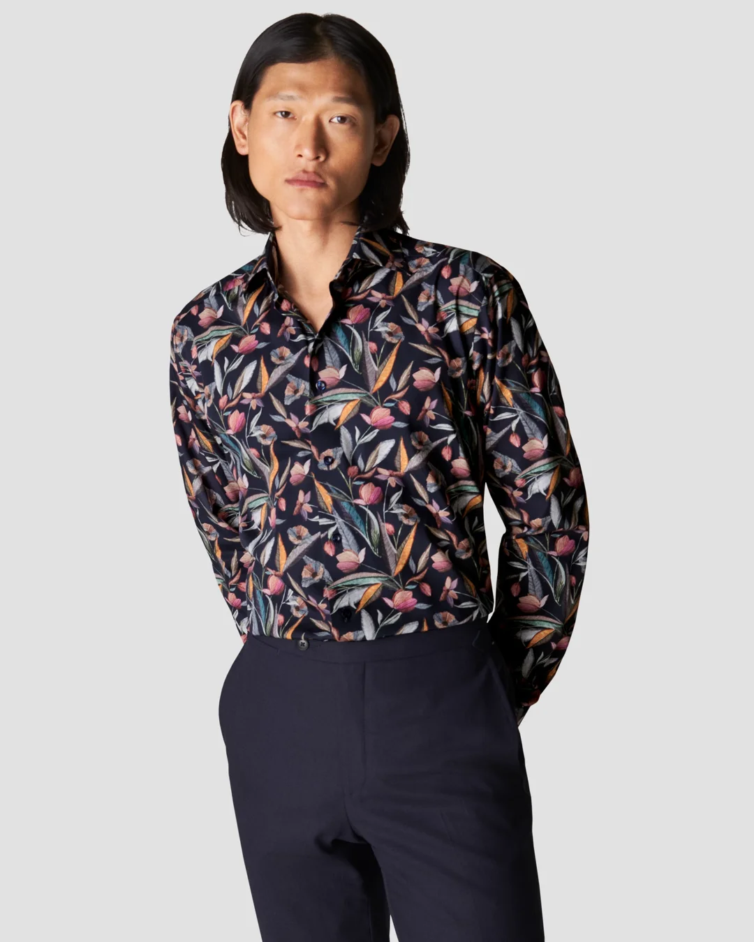 Navy Floral Print Signature Twill Shirt - Eton