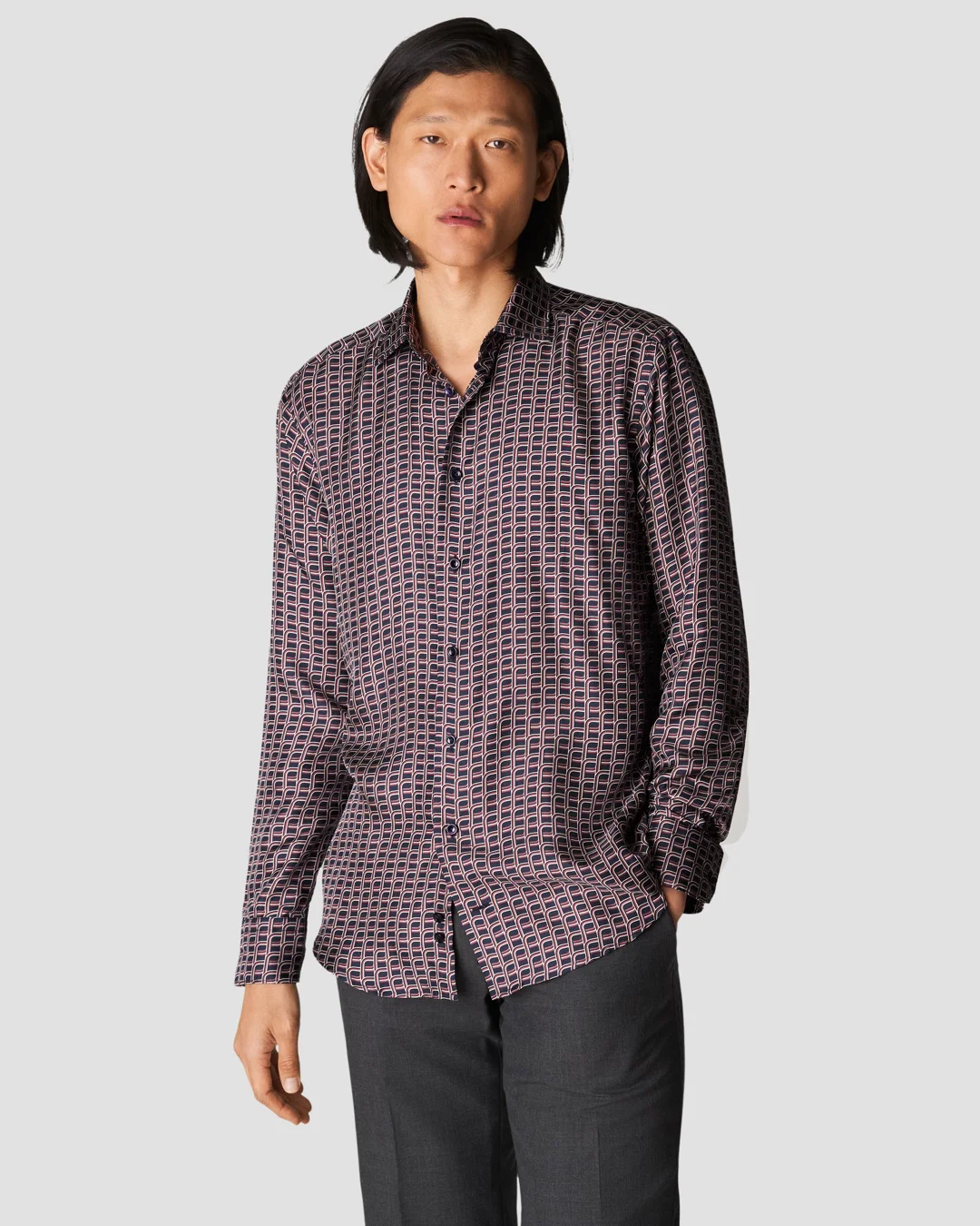 Burgundy Geometric Print Silk Twill Shirt - Eton