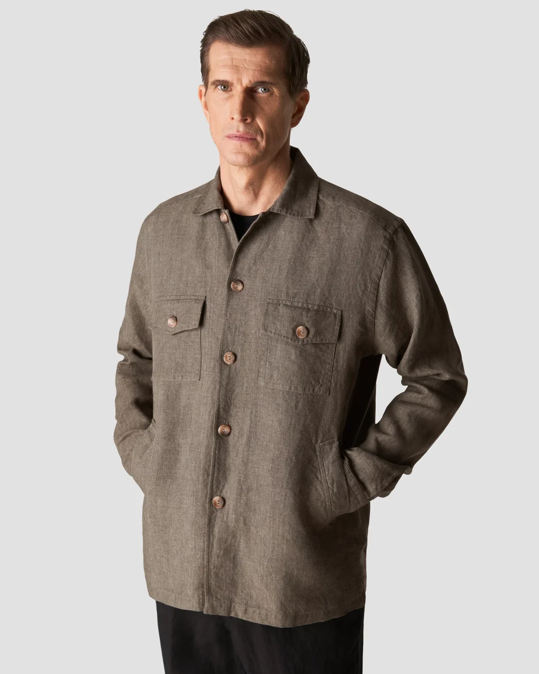 Dark Green Linen Twill Overshirt - Eton