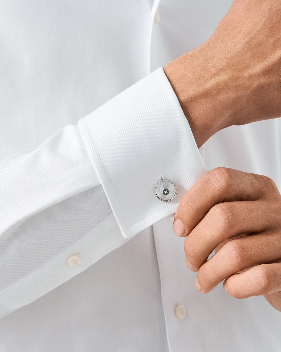 White Textured Twill Shirt  French Cuffs - Eton