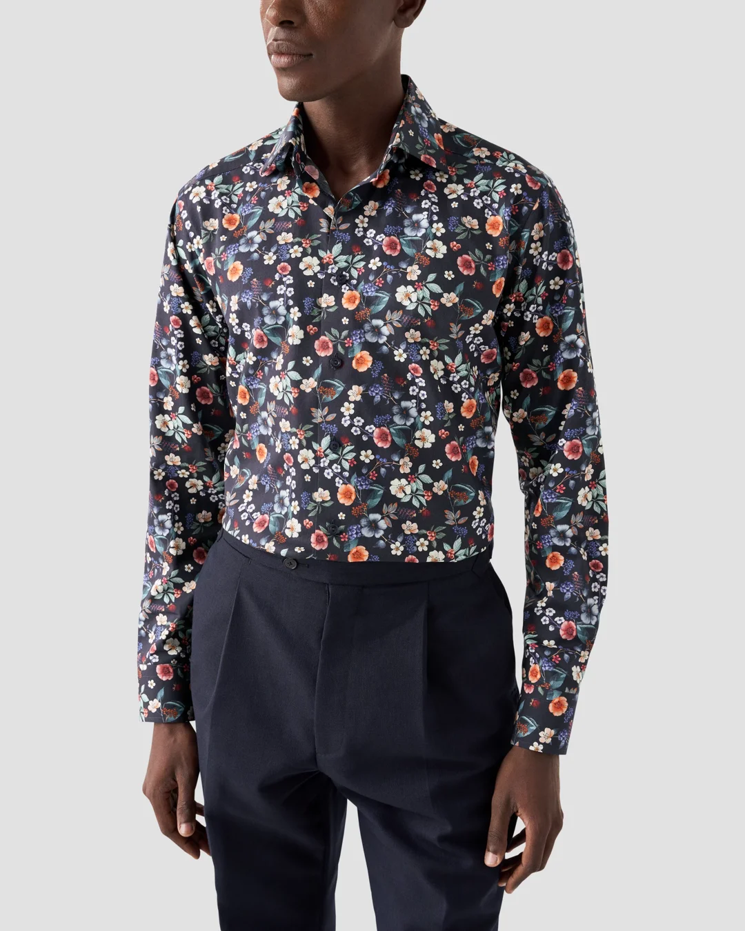 Navy Floral Print Signature Twill Shirt - Eton