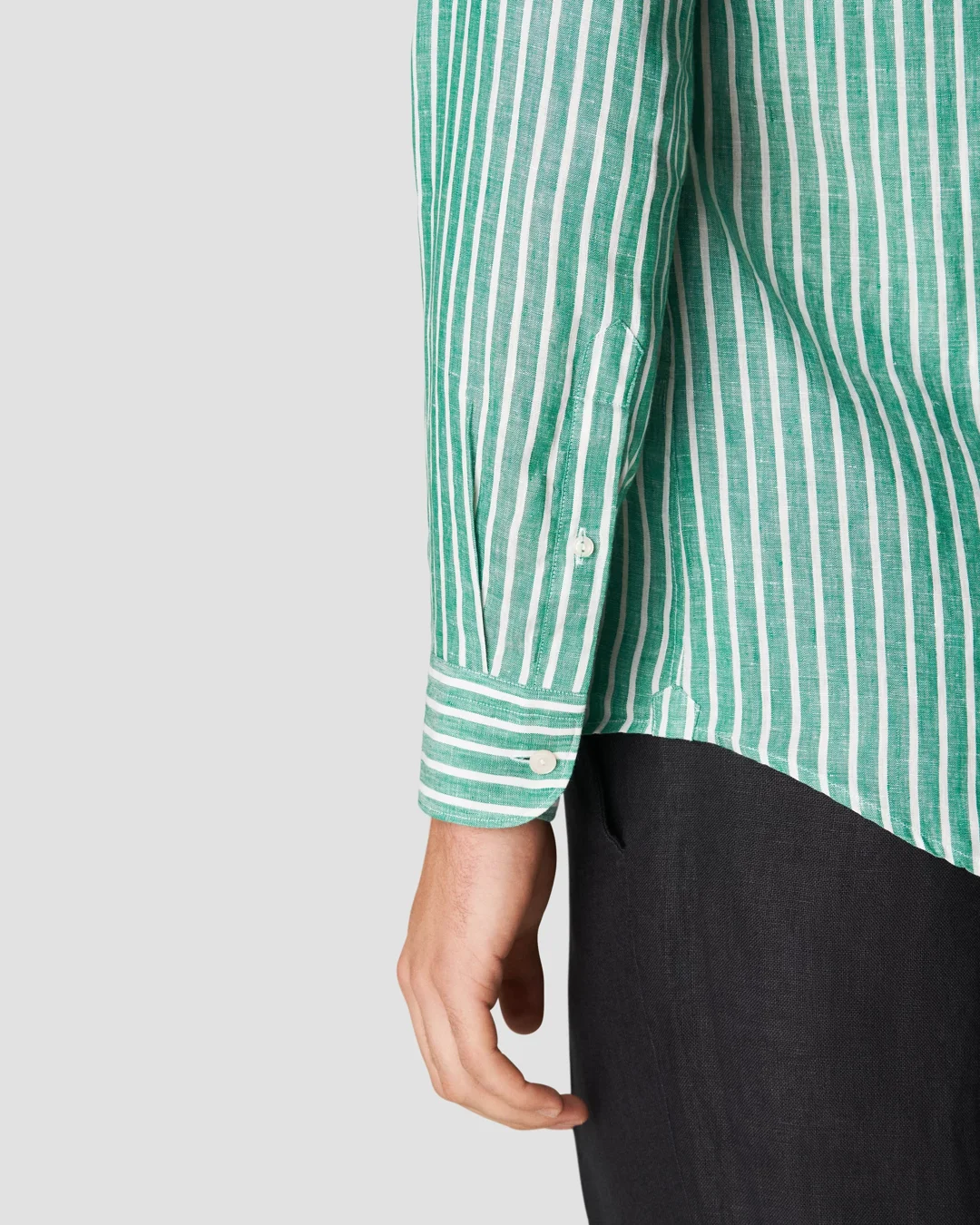 Green Striped Slim Fit Shirt in Pure Linen