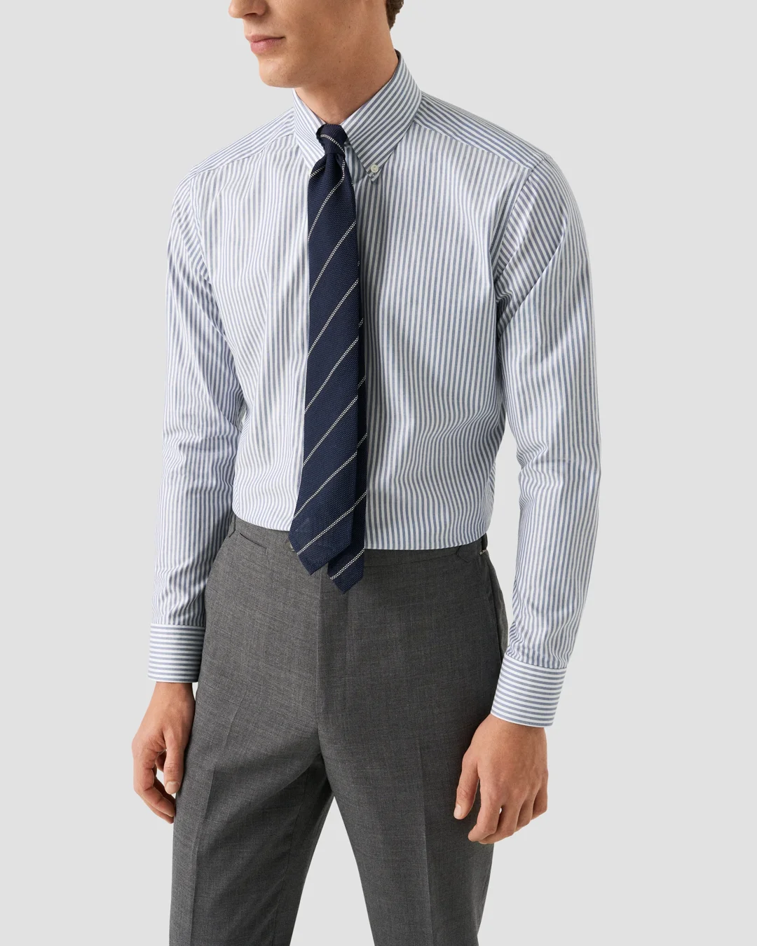 blue striped dress shirt with tie Men's Blue White Cotton Stripe Classic Fit Formal Shirt With Single Cuffs