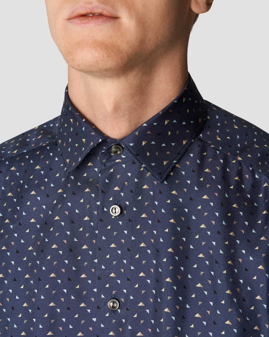 Navy Blue Geometric Print Silk Shirt - Eton