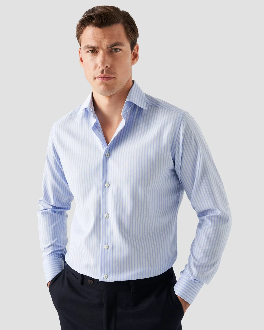 Light Blue Striped Wrinkle Free Oxford Shirt - Eton