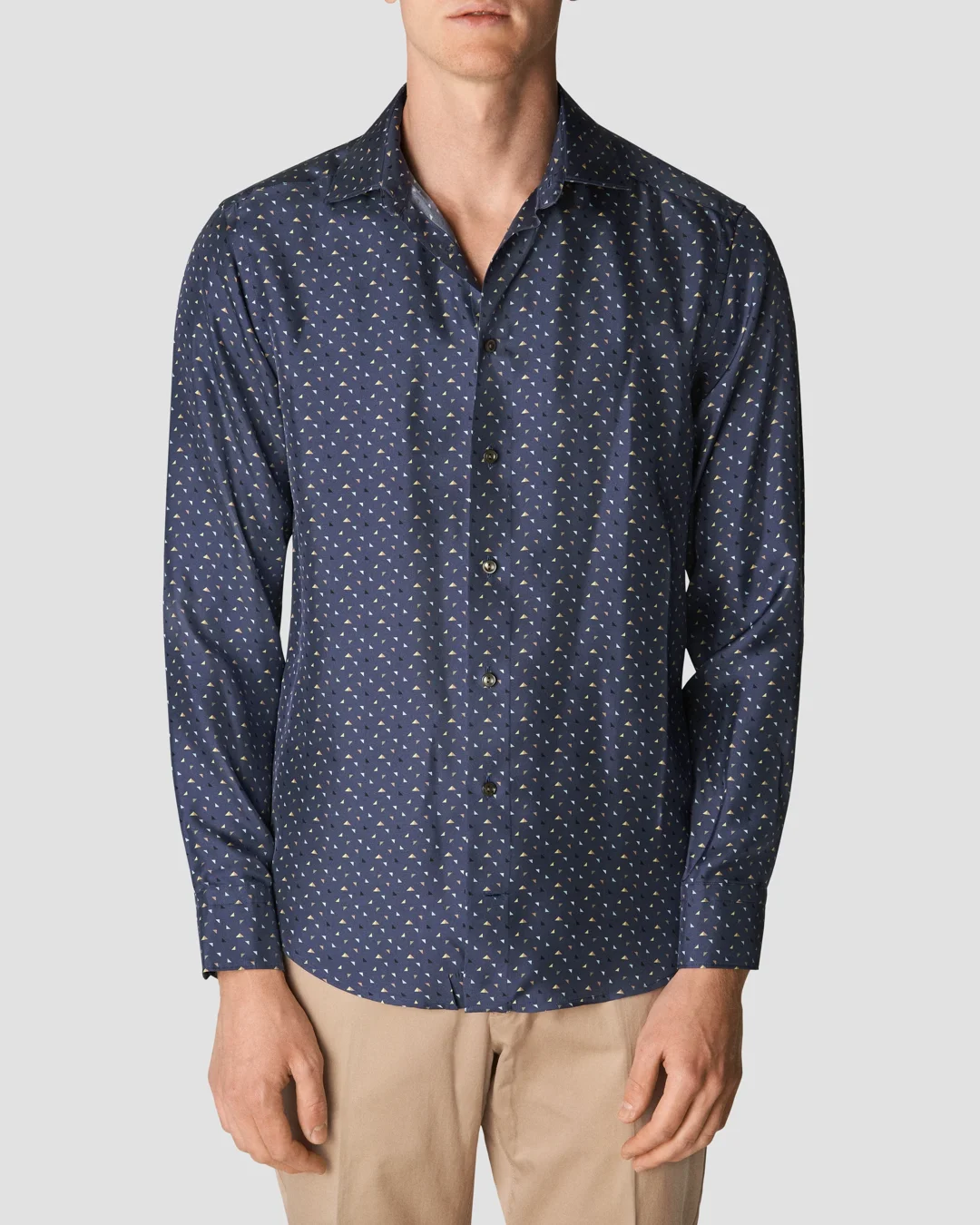 Navy Blue Geometric Print Silk Shirt - Eton