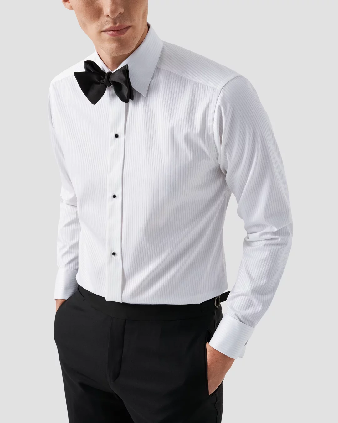 White Striped Satin Tuxedo Shirt - Eton