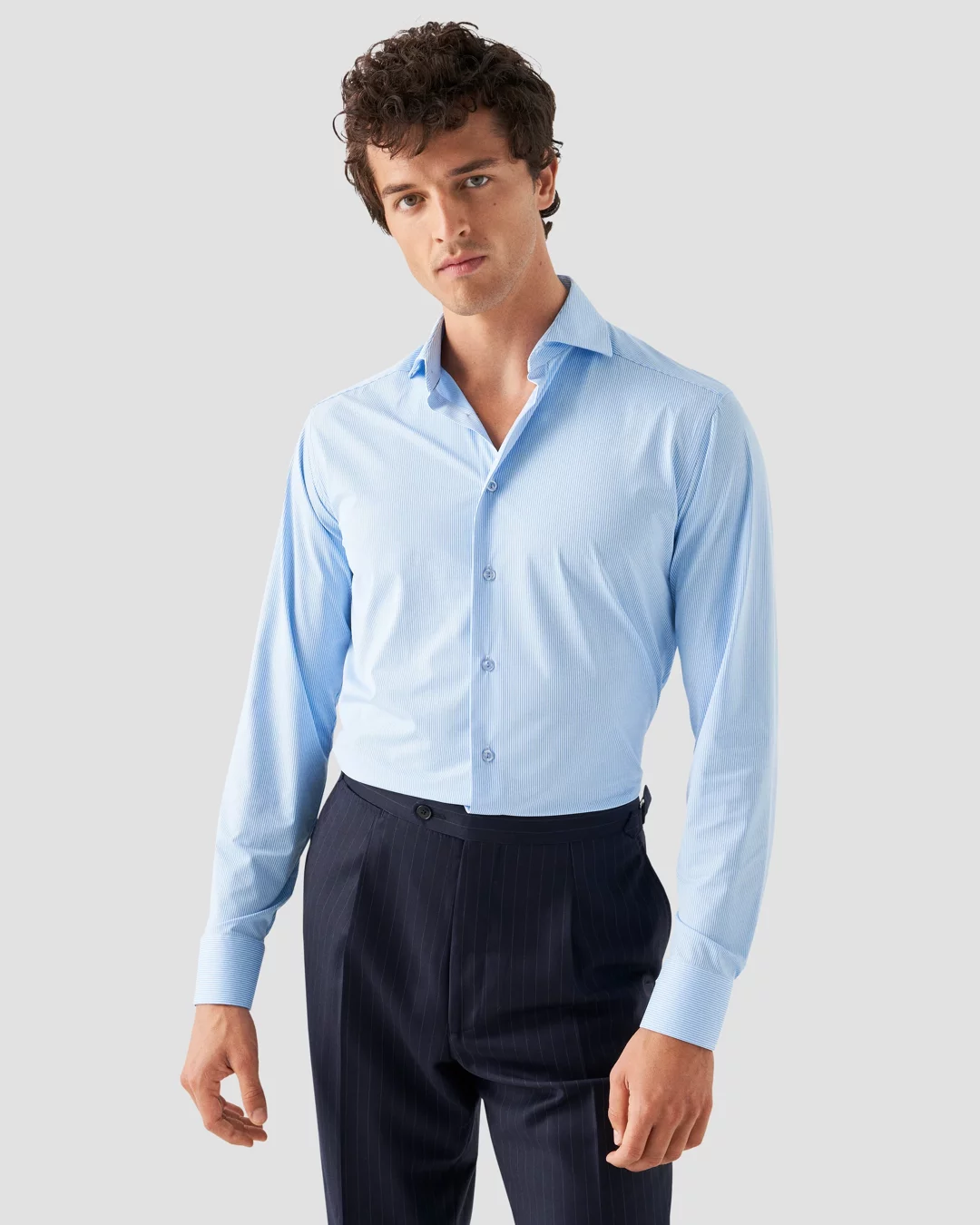 Light Blue Striped Four-Way Stretch Shirt - Eton