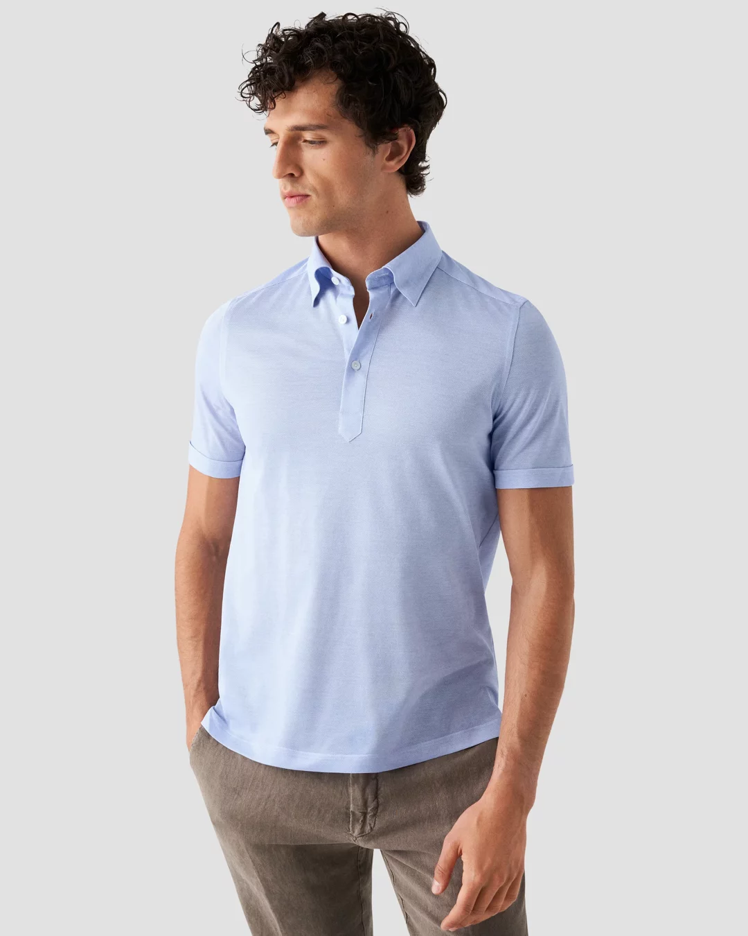 Light Blue Oxford Piqué Polo Shirt - Short Sleeve - Eton