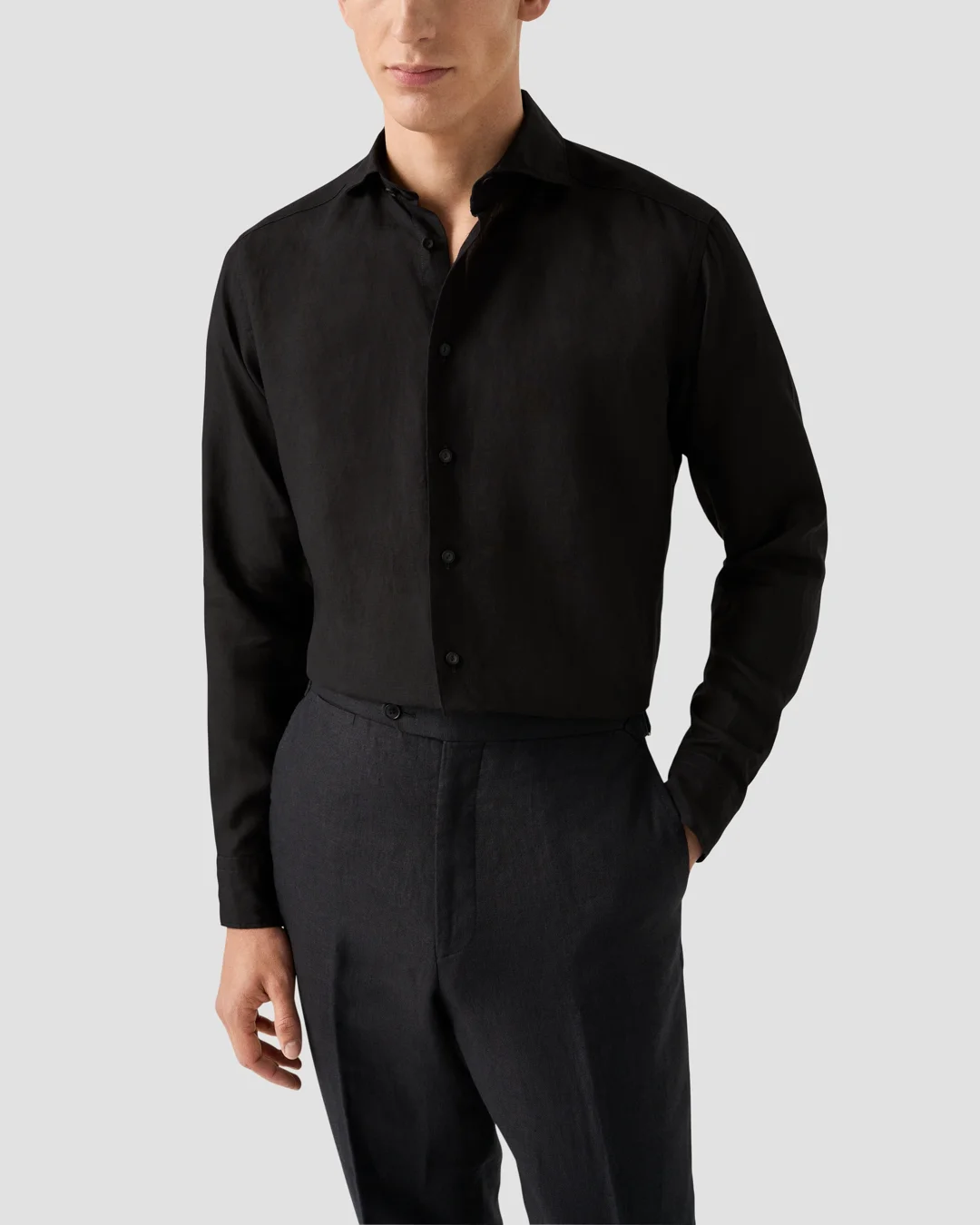E LINEN × RAYON black L/S shirt black-linen-wide-spread-
