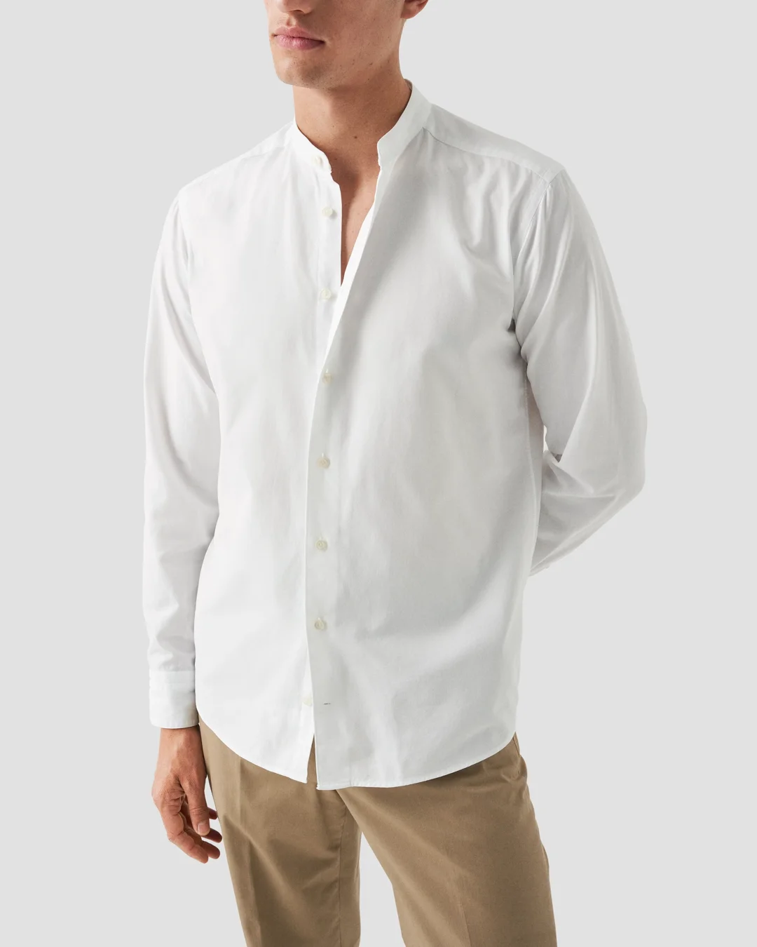 White Solid Oxford Band Collar Shirt - Eton