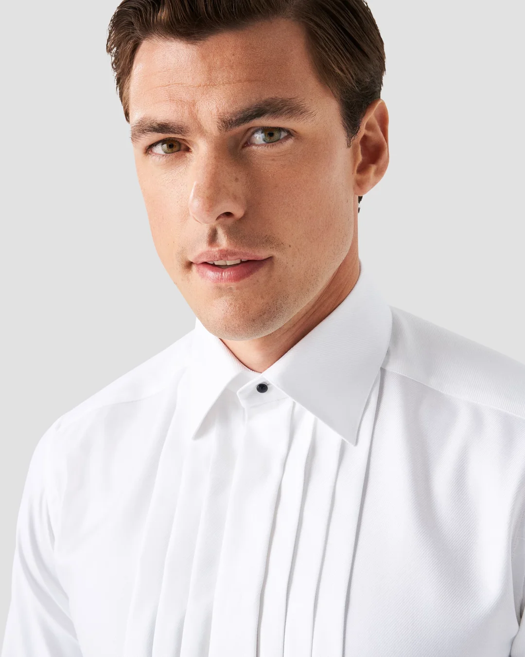 White Pleat Front Textured Twill Tuxedo Shirt - Eton