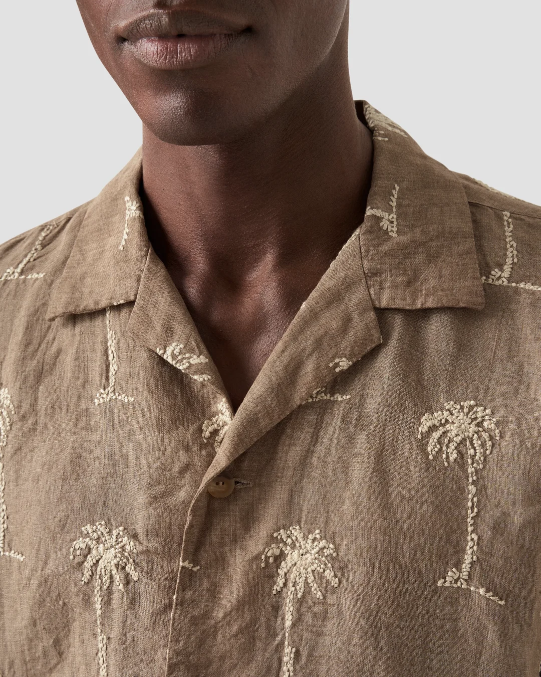 Brown Palm Tree Embroidery Resort Shirt - Eton