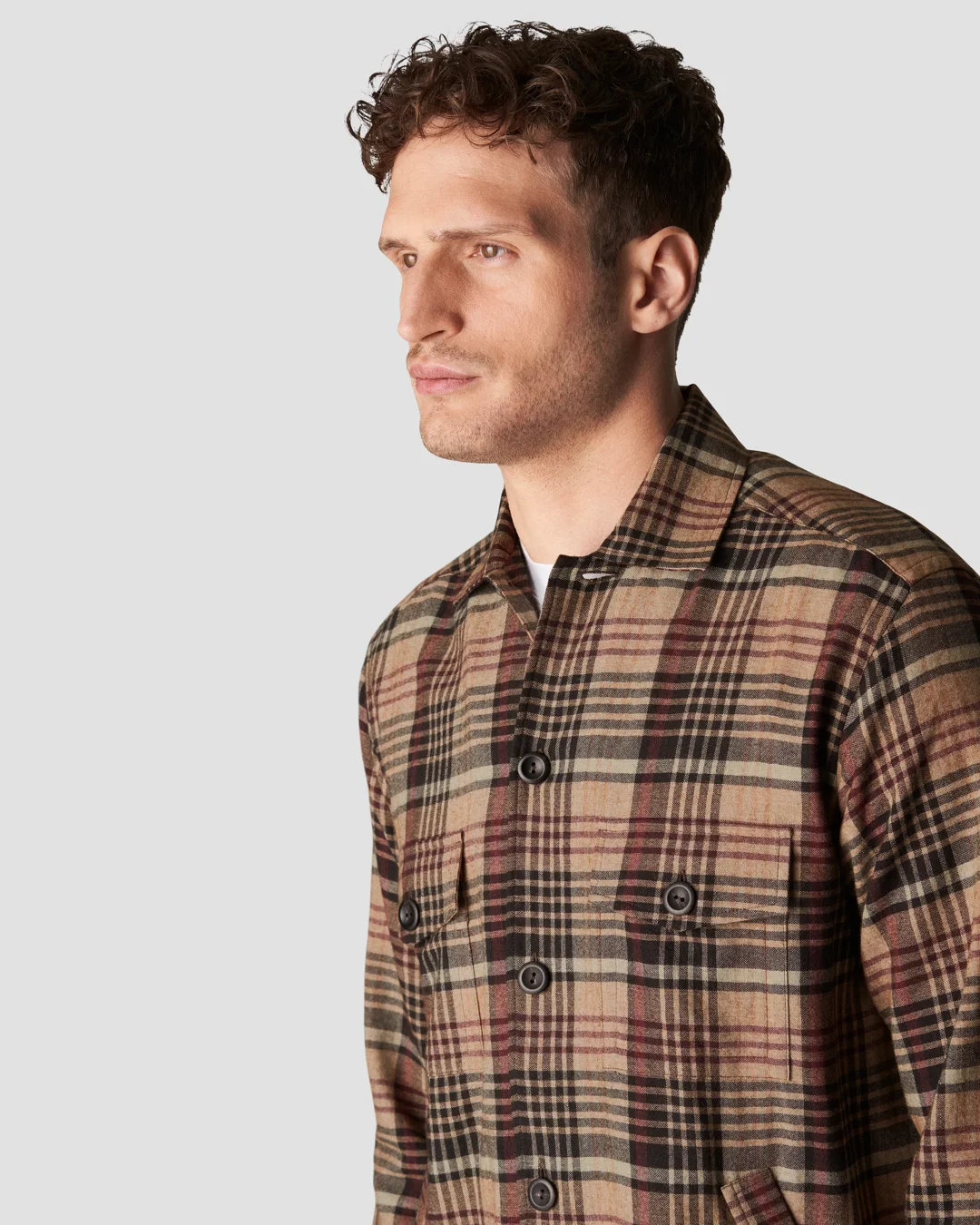 Brown Plaid Cotton-Wool-Cashmere Flannel Overshirt