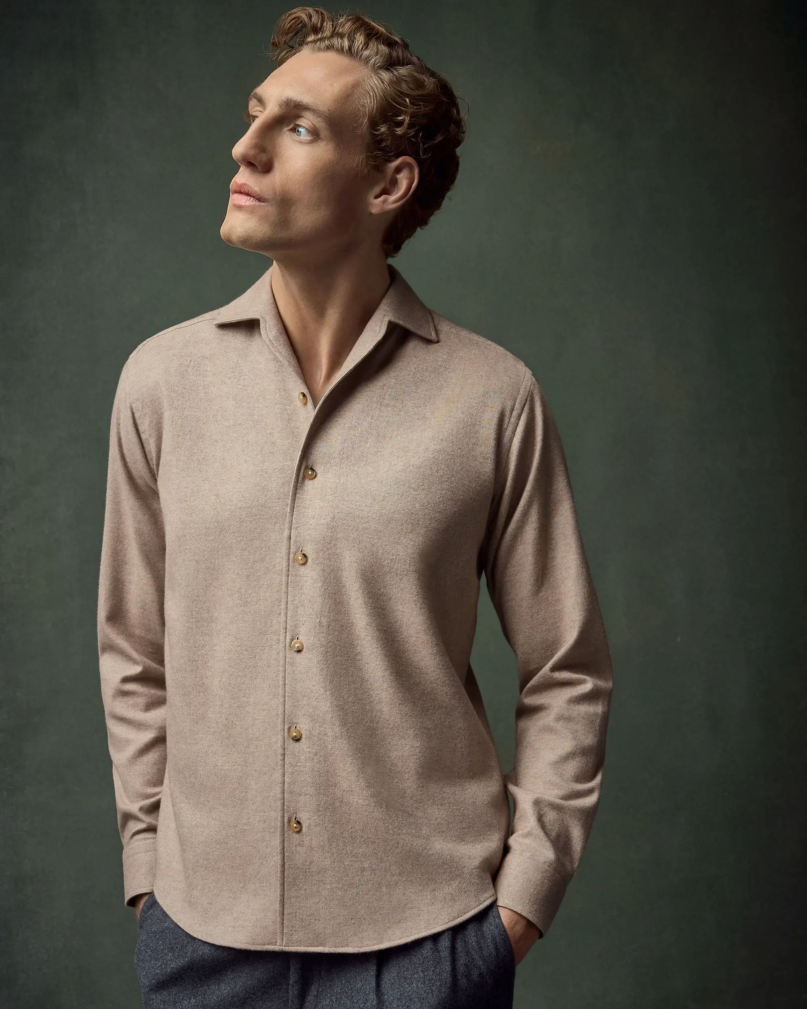 Eton - solid flannel shirt beige solid flannel shirt