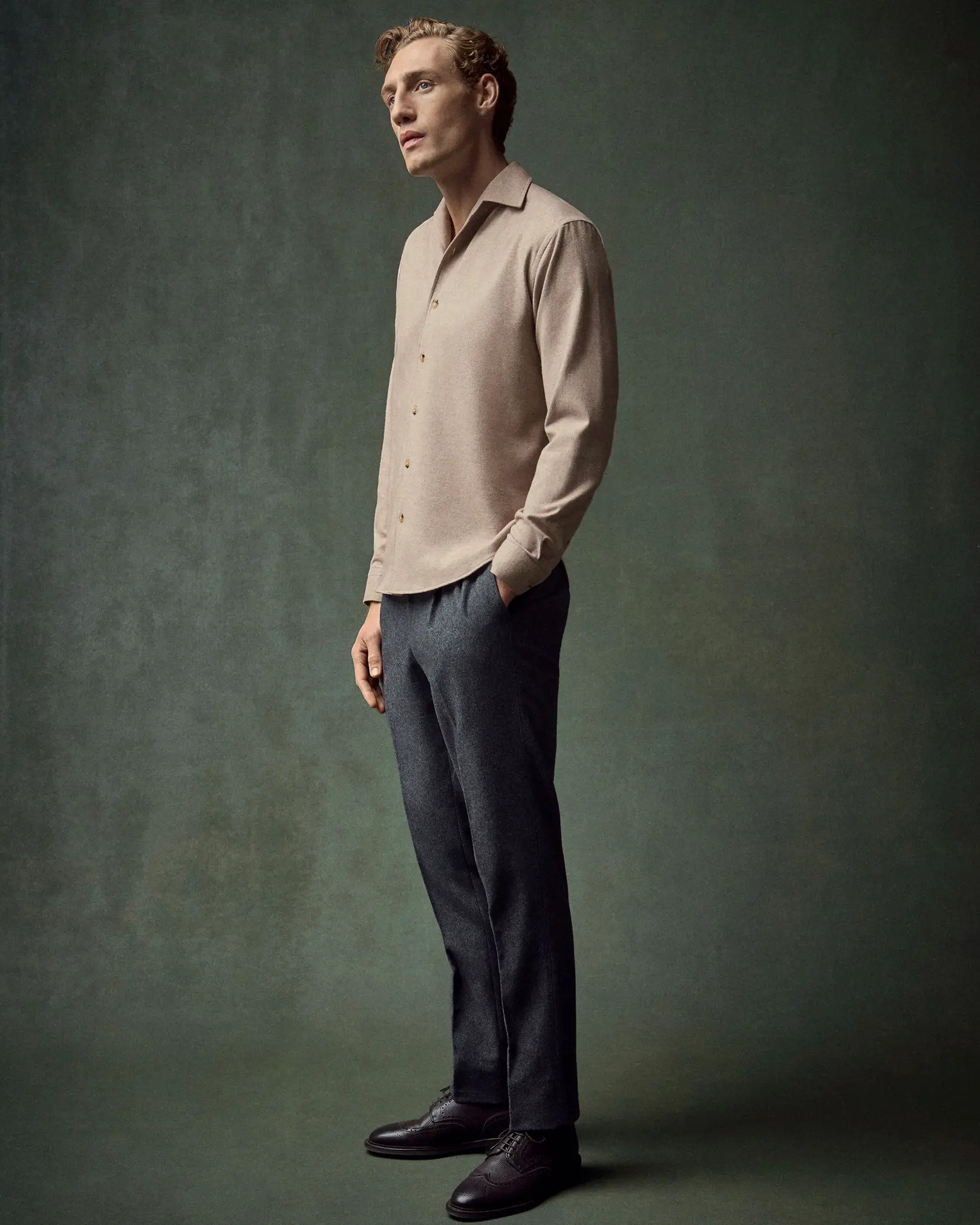 Eton - solid flannel shirt beige solid flannel shirt