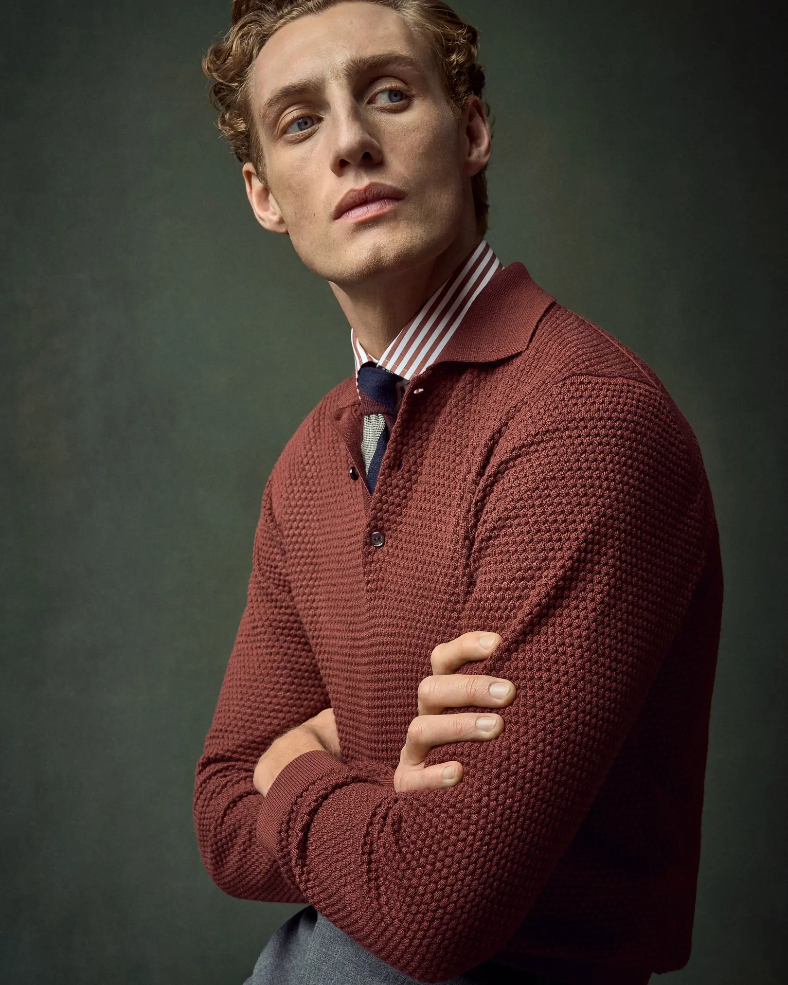 Eton - red merino structure long sleeve polo