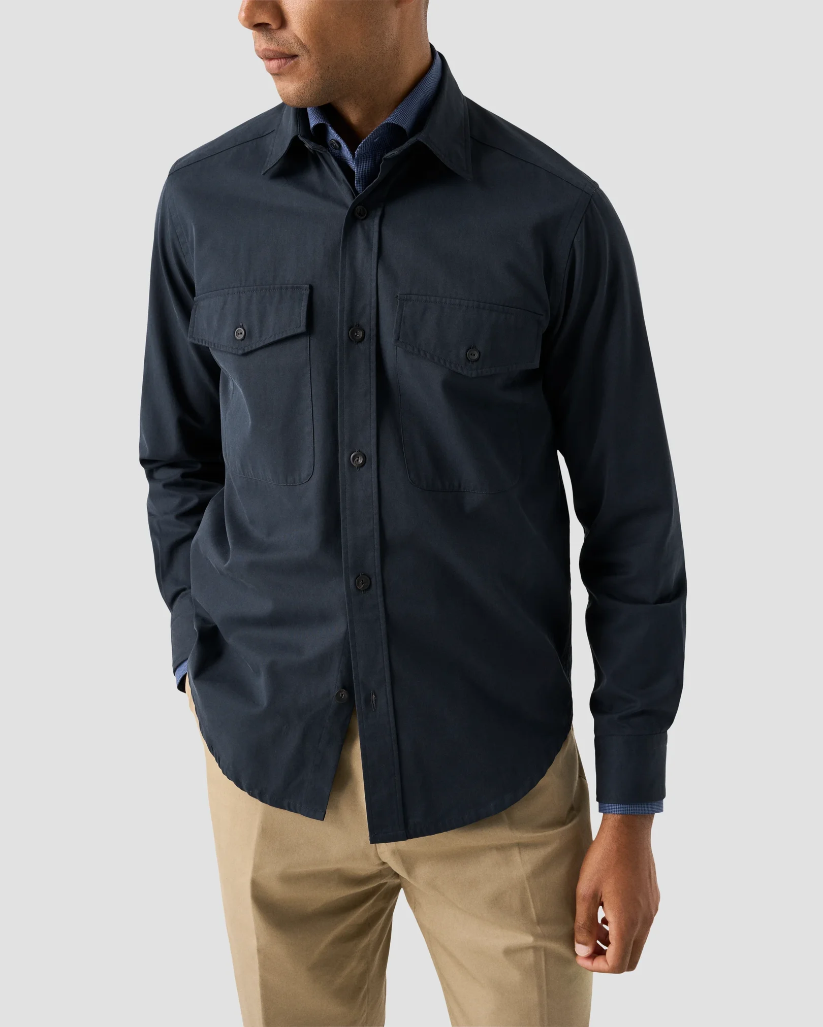 Eton - navy blue twill long pointed collar double rounded overshirt