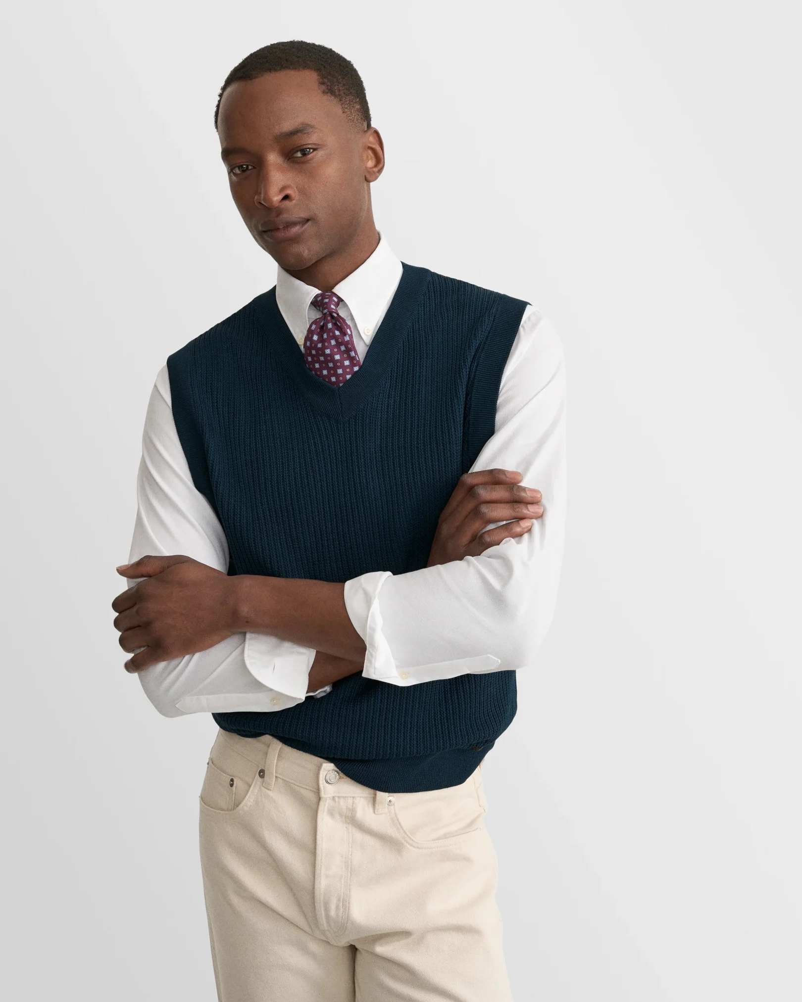Eton - mid blue cotton structure knit vest