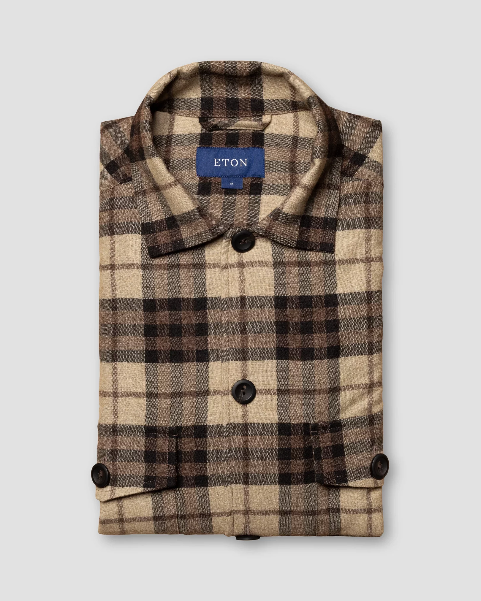 Eton - brown checked cotton wool cashmere overshirt turn down single cuff pointed strap regular