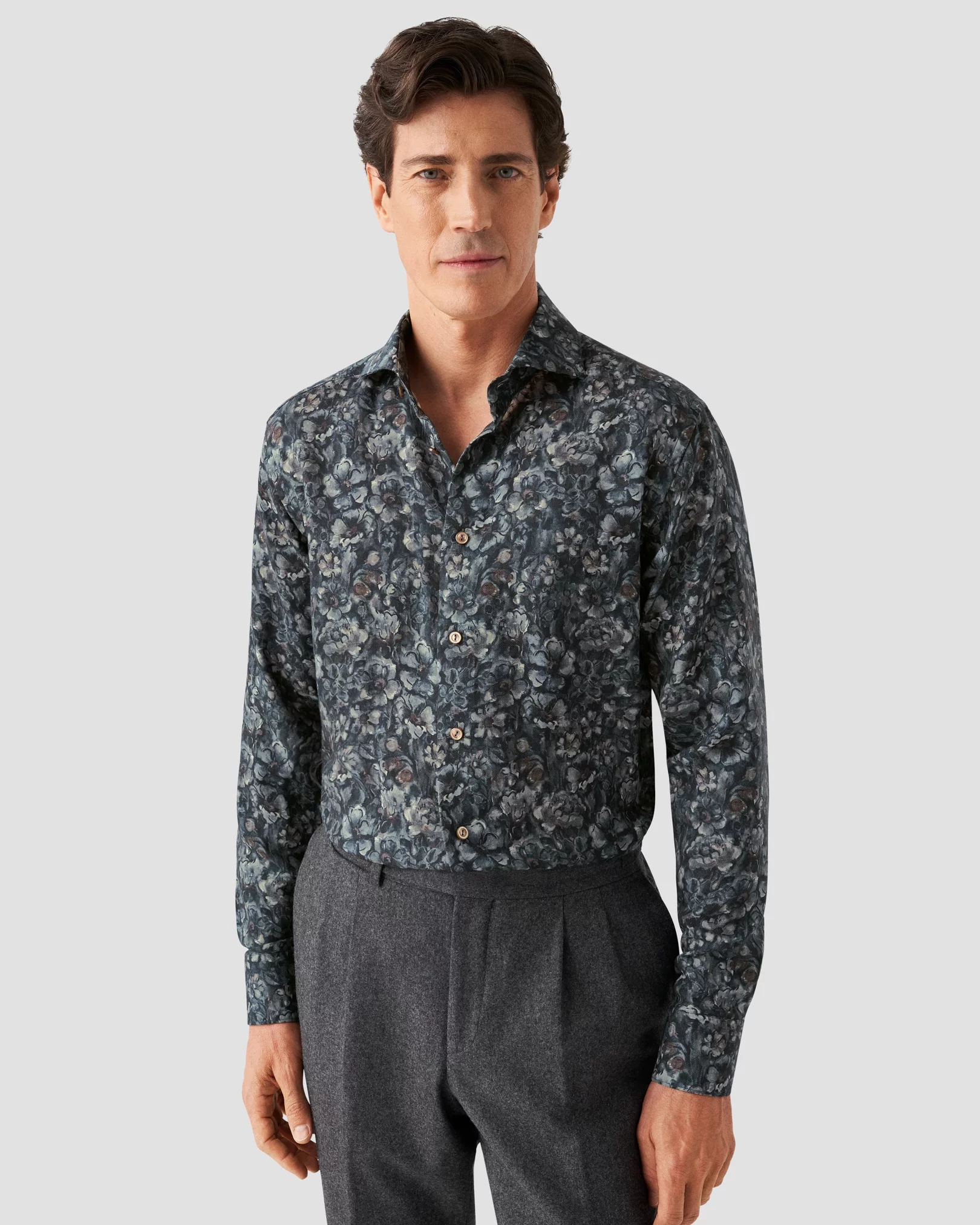 Navy Floral Print Merino Wool Shirt - Eton