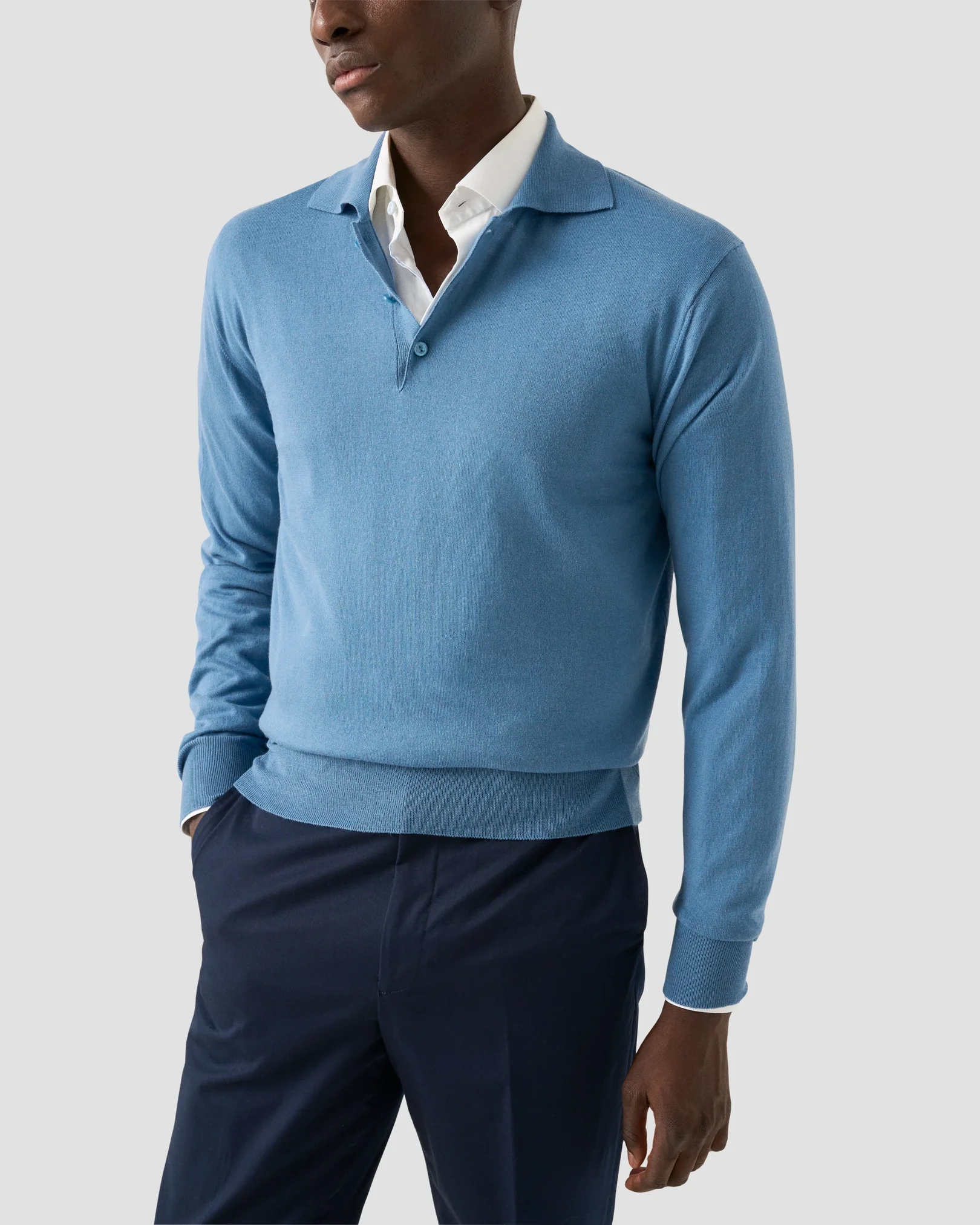 Eton - dark blue cotton cashmere fine knit polo shirt