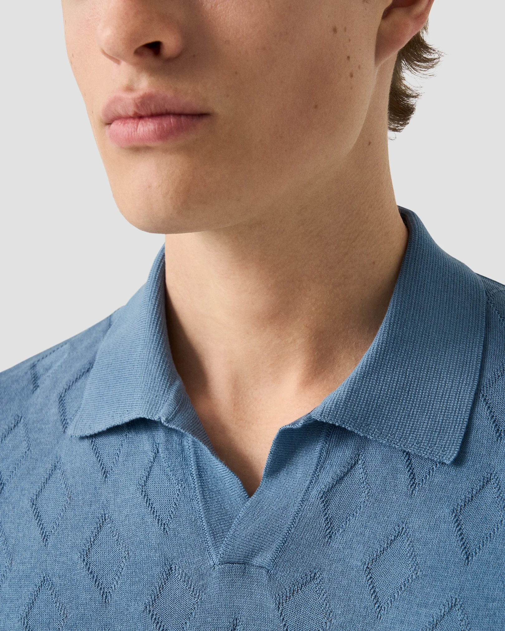 Eton - light blue cotton and silk open collar fine knit polo shirt