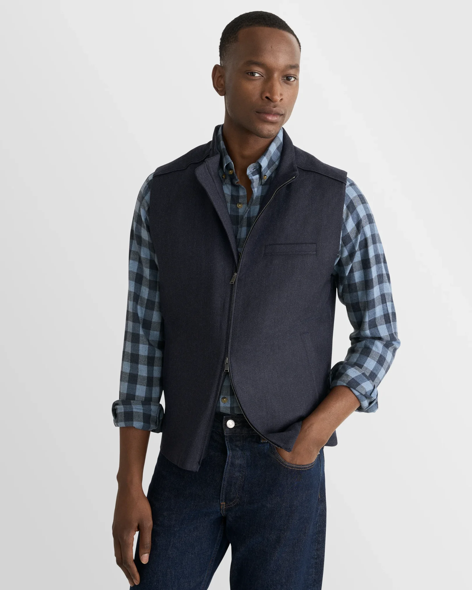 Eton - mid blue block check flannel shirt