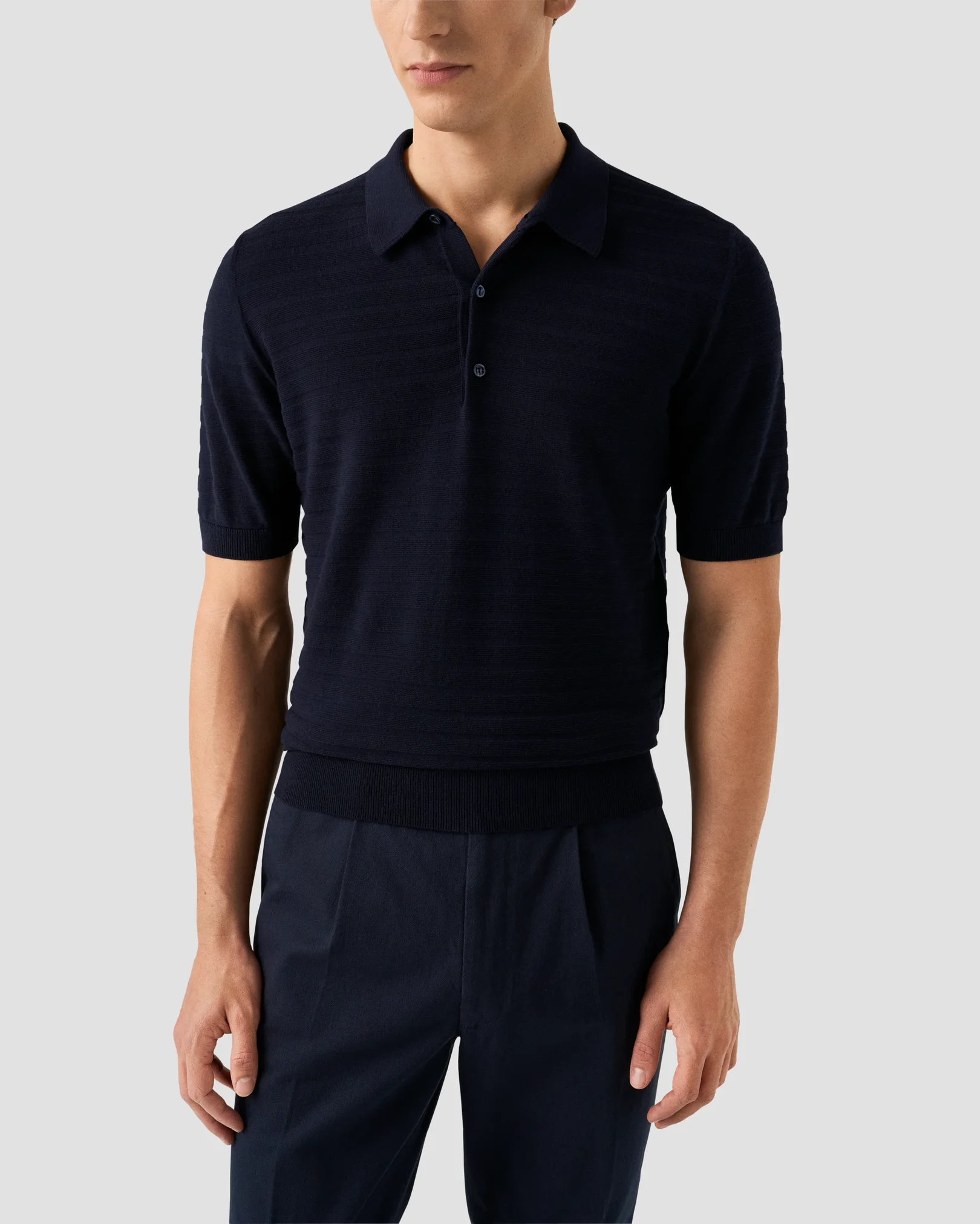 Eton - dark blue horisontal striped fine knit polo shirt