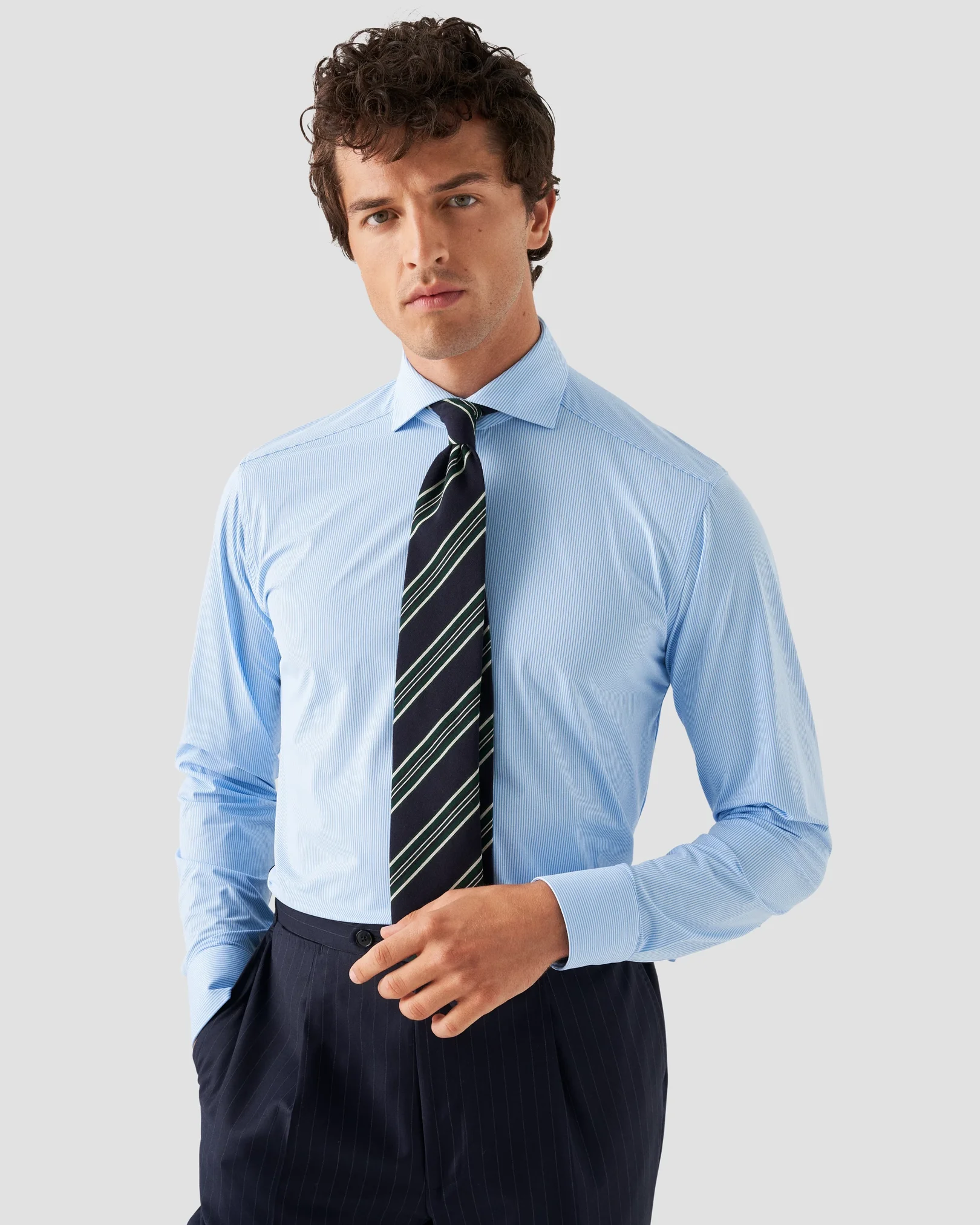 Light Blue Striped Four-Way Stretch Shirt - Eton