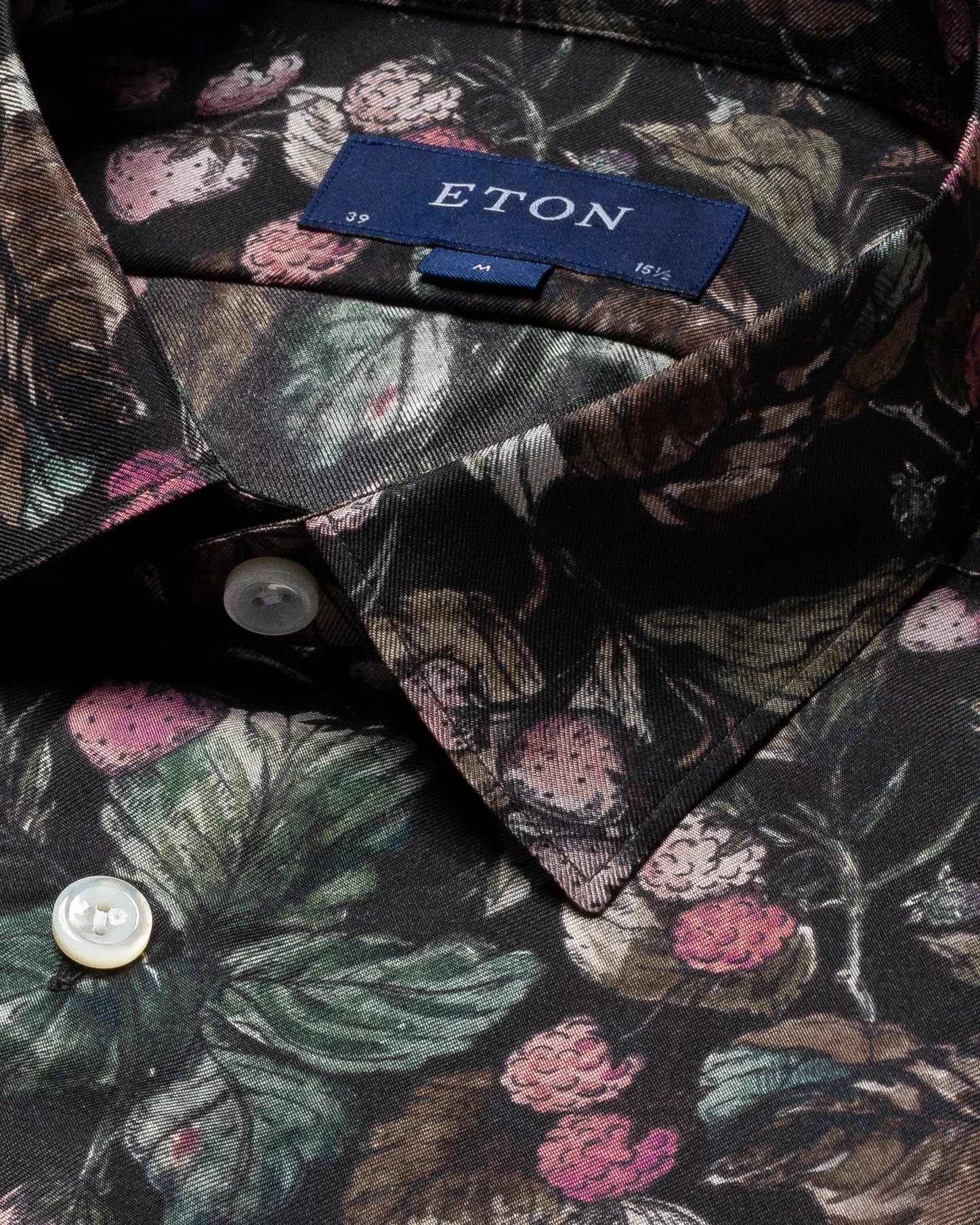 Eton - black strawberry print silk shirt pointed single rounded slim soft