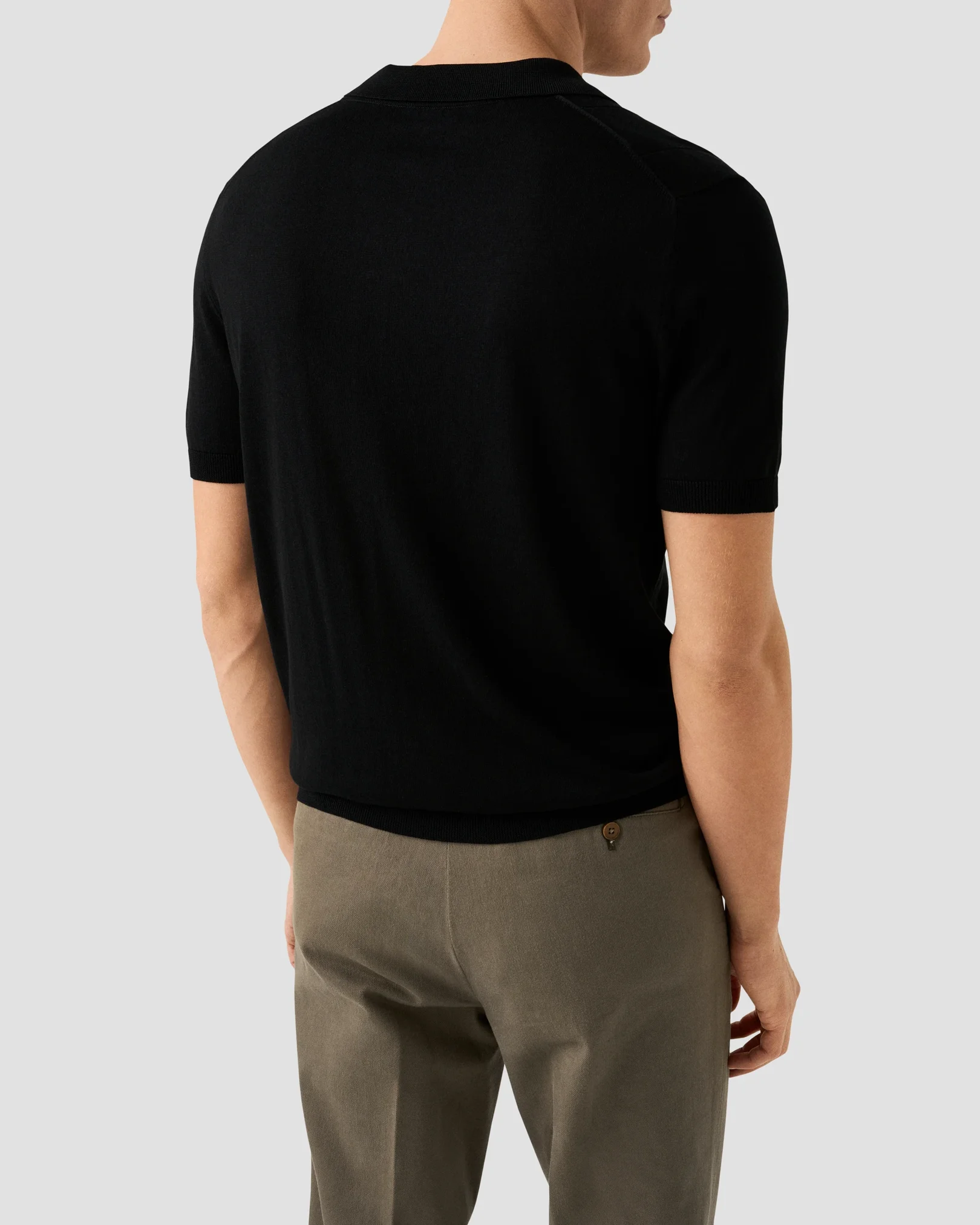 Eton - black cotton and silk open collar fine knit polo shirt