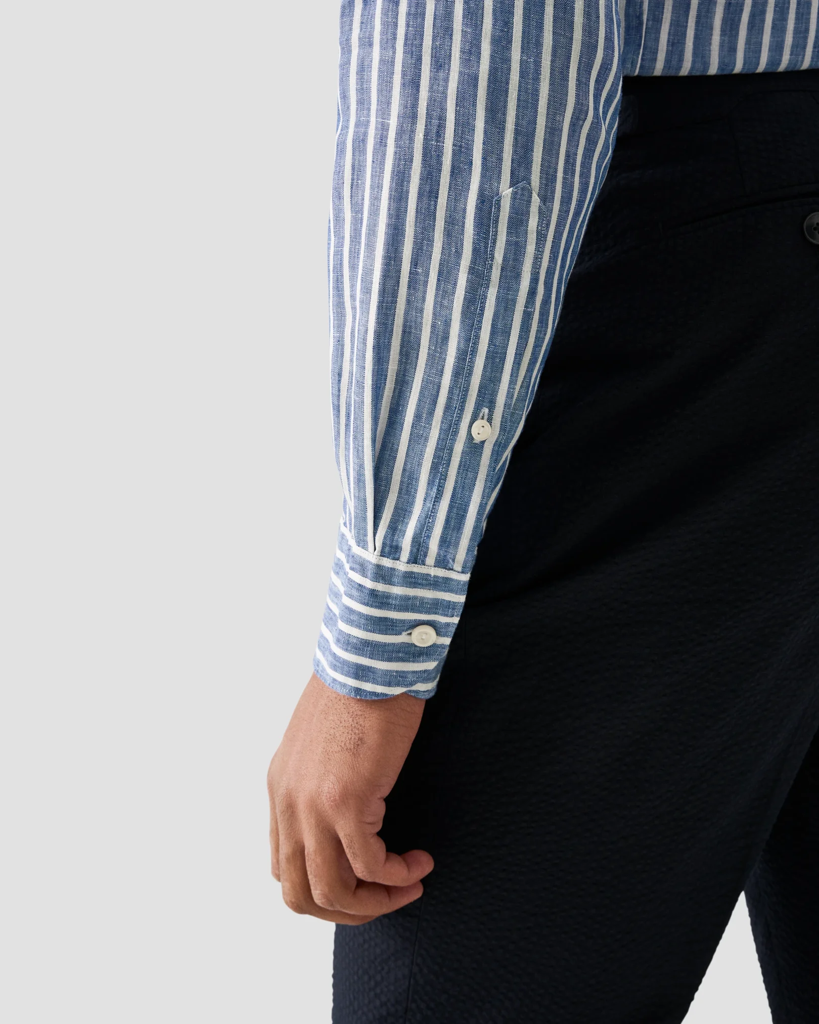 Eton - mid blue striped linen shirt button 251