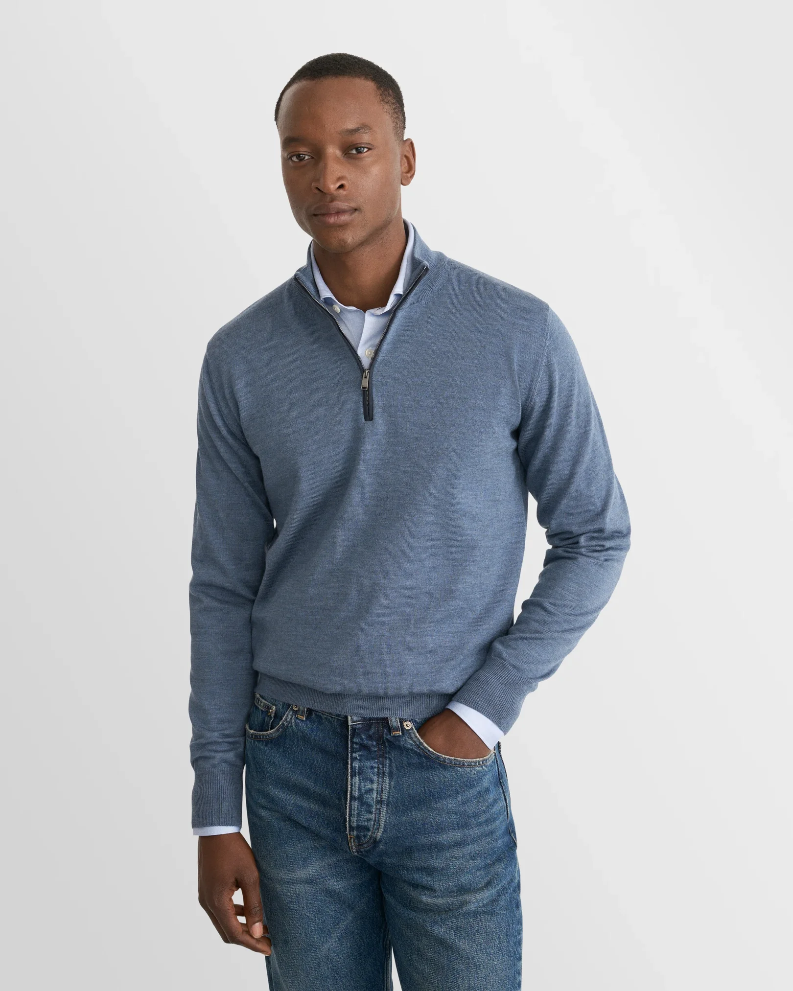 Eton - light blue merino quarter zip knit sweater