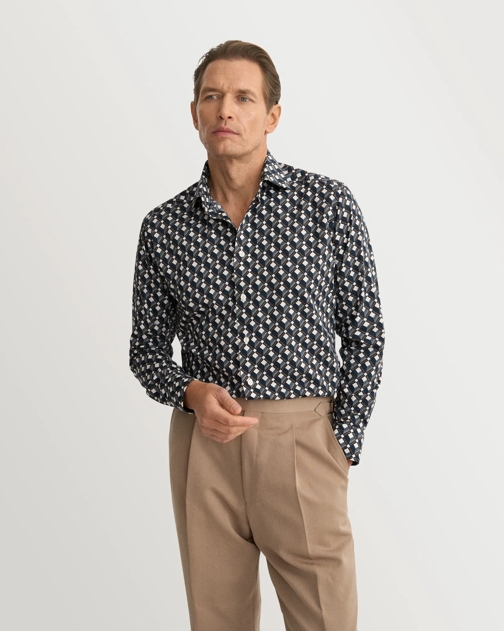 Eton - navy blue geometric print cotton tencel tm lyocell shirt