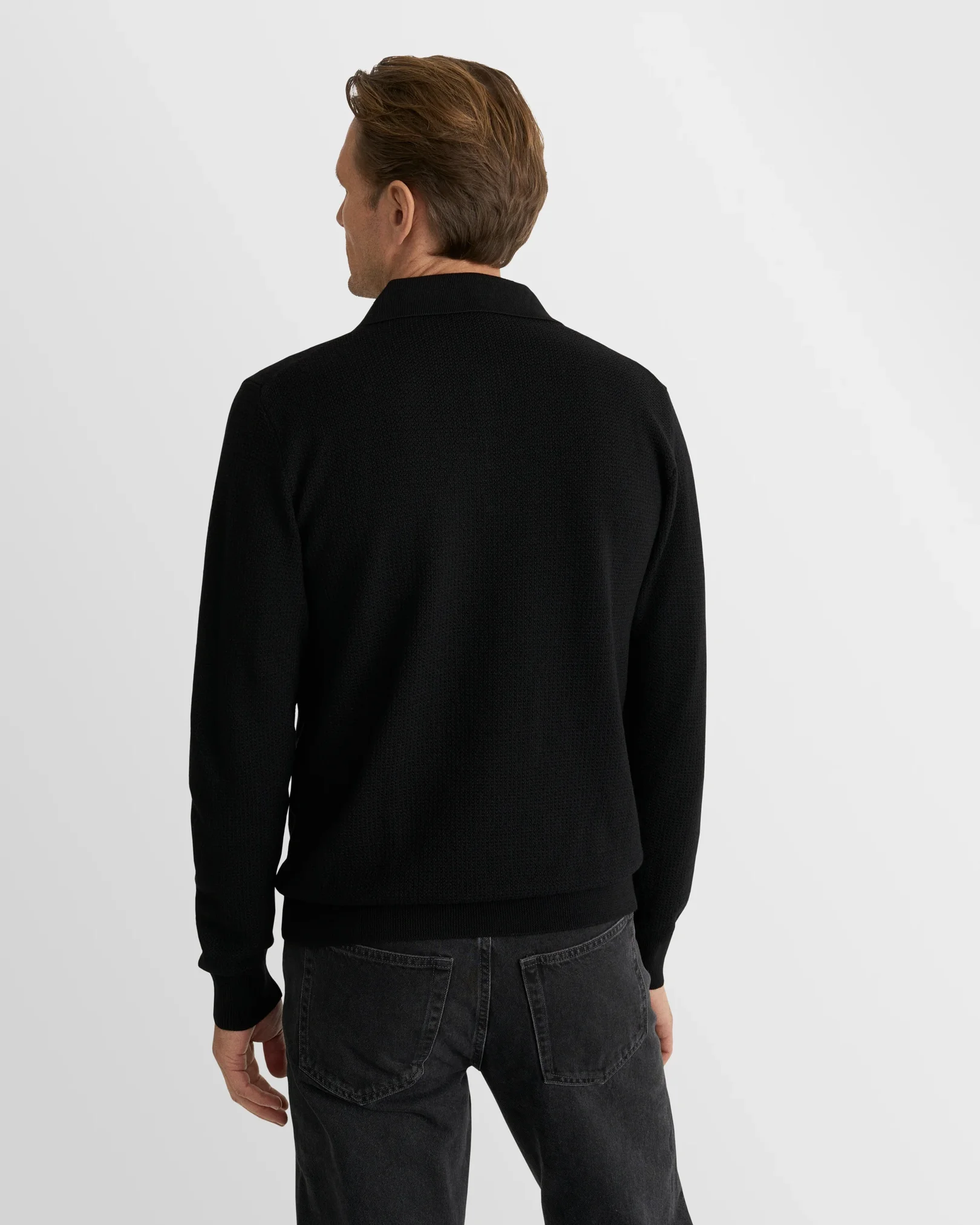 Eton - black merino structure ls polo shirt