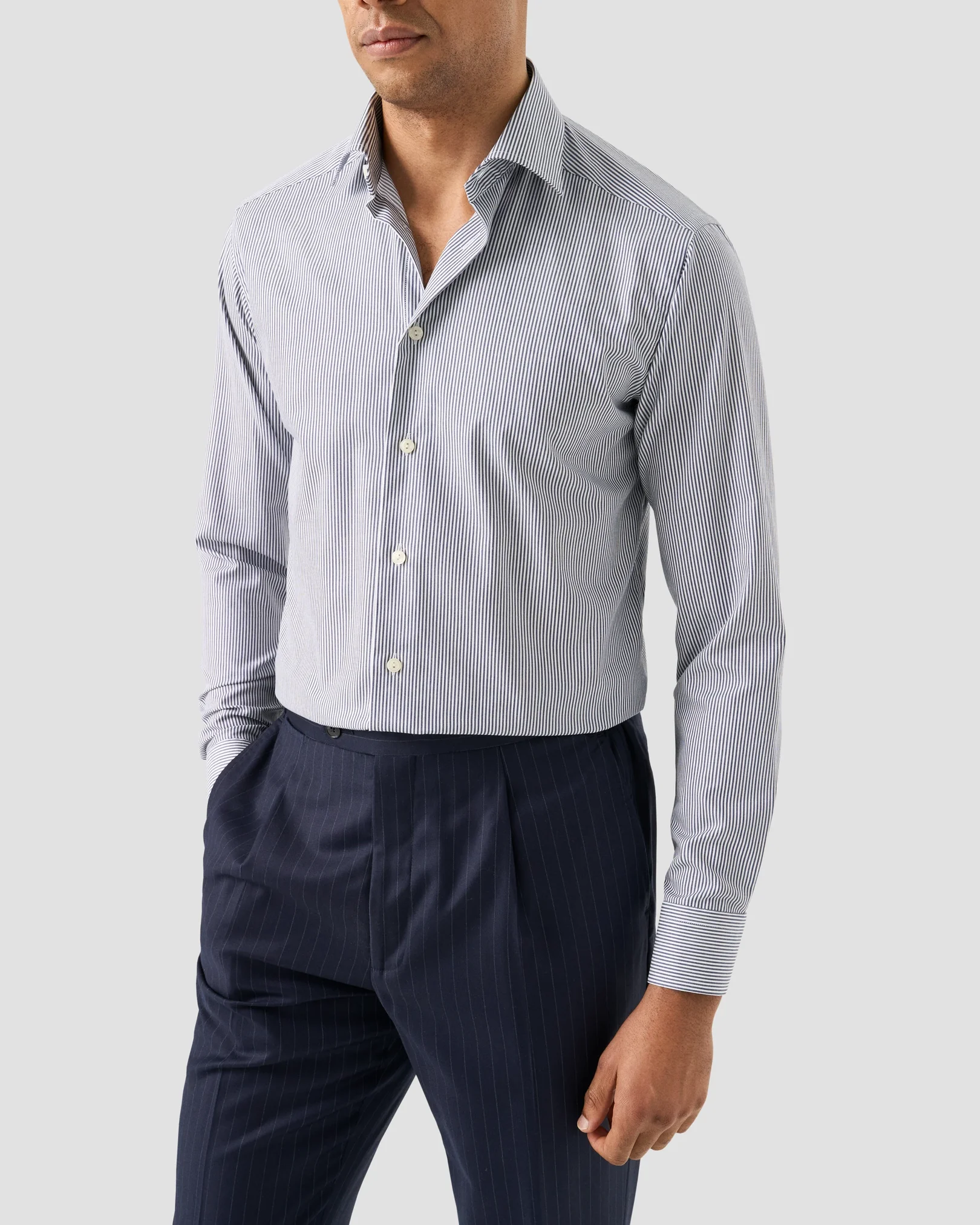 Eton - navy blue bengal striped cotton tencel tm lyocell shirt