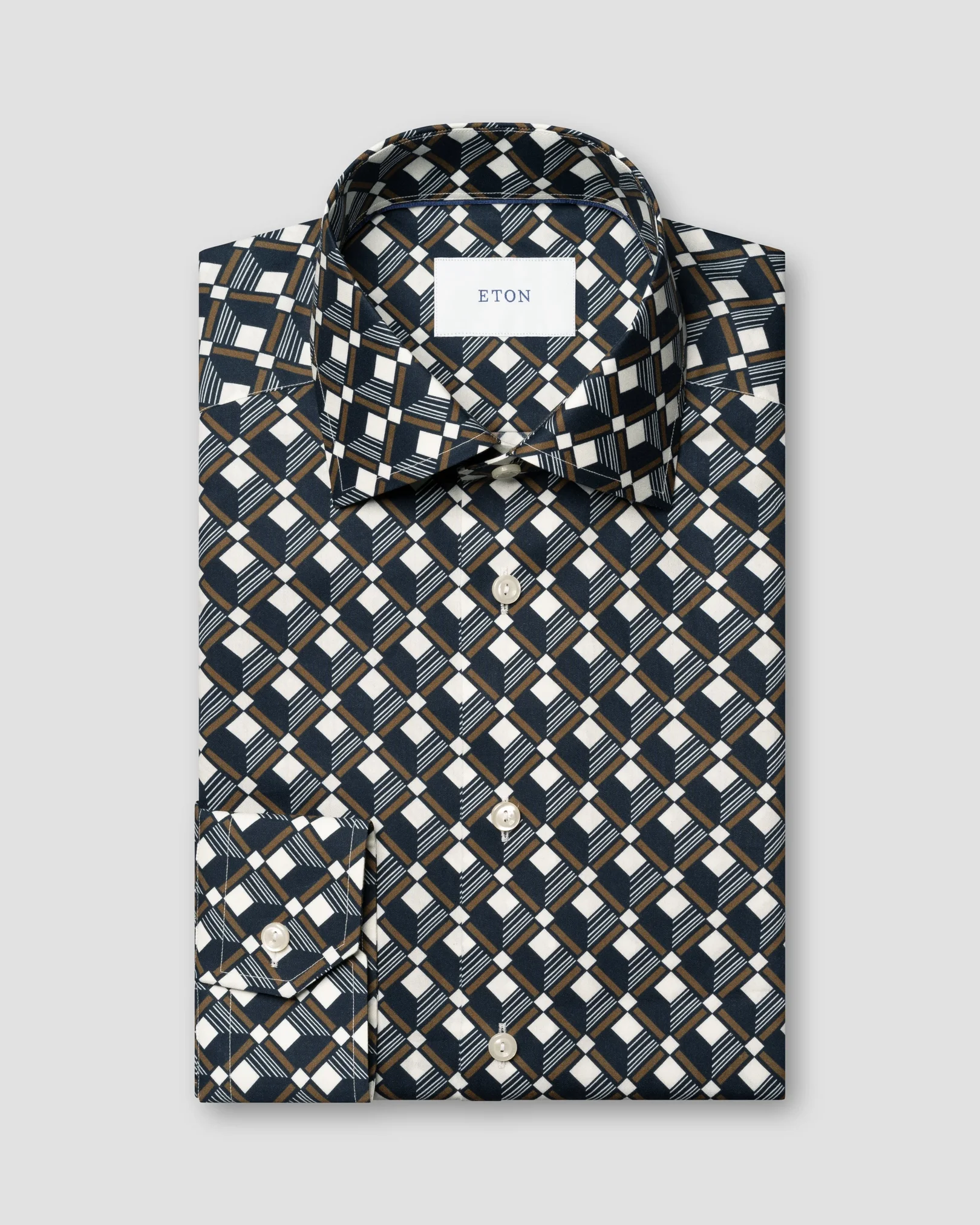 Eton - navy blue geometric print cotton tencel tm lyocell shirt