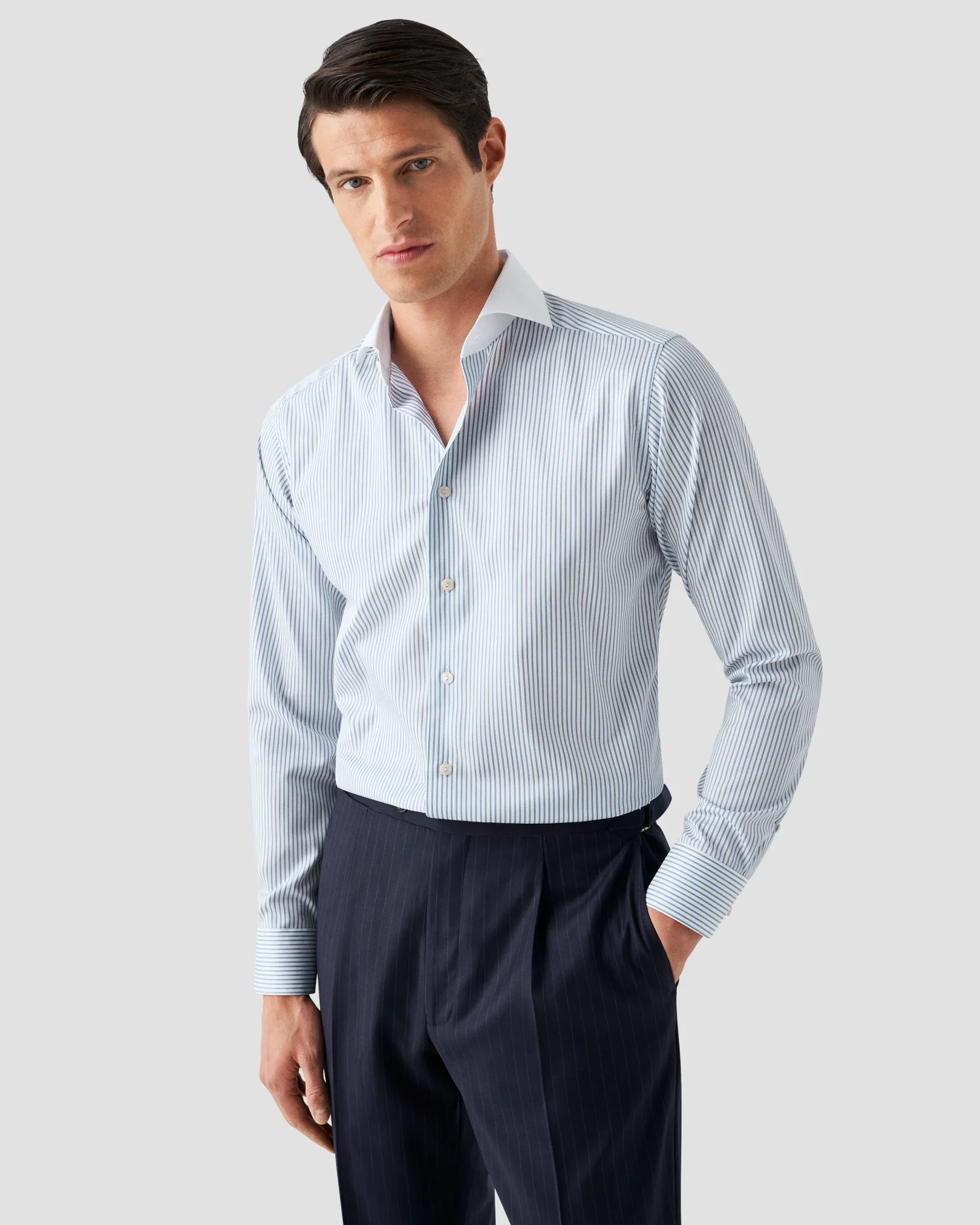 Eton - mid blue wide spread cotton tencel shirt