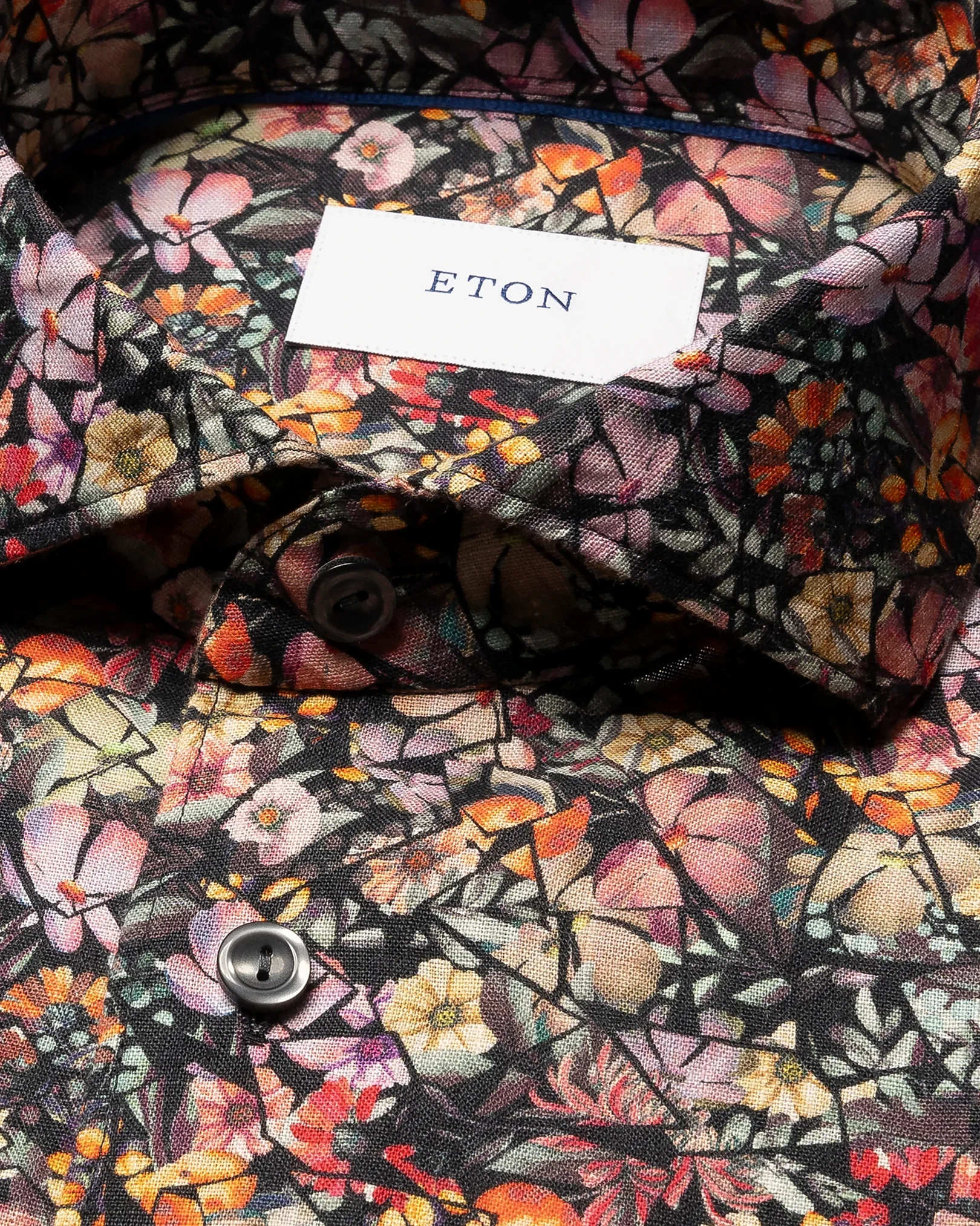 Eton - navy blue colorful flower mosaic print linen shirt