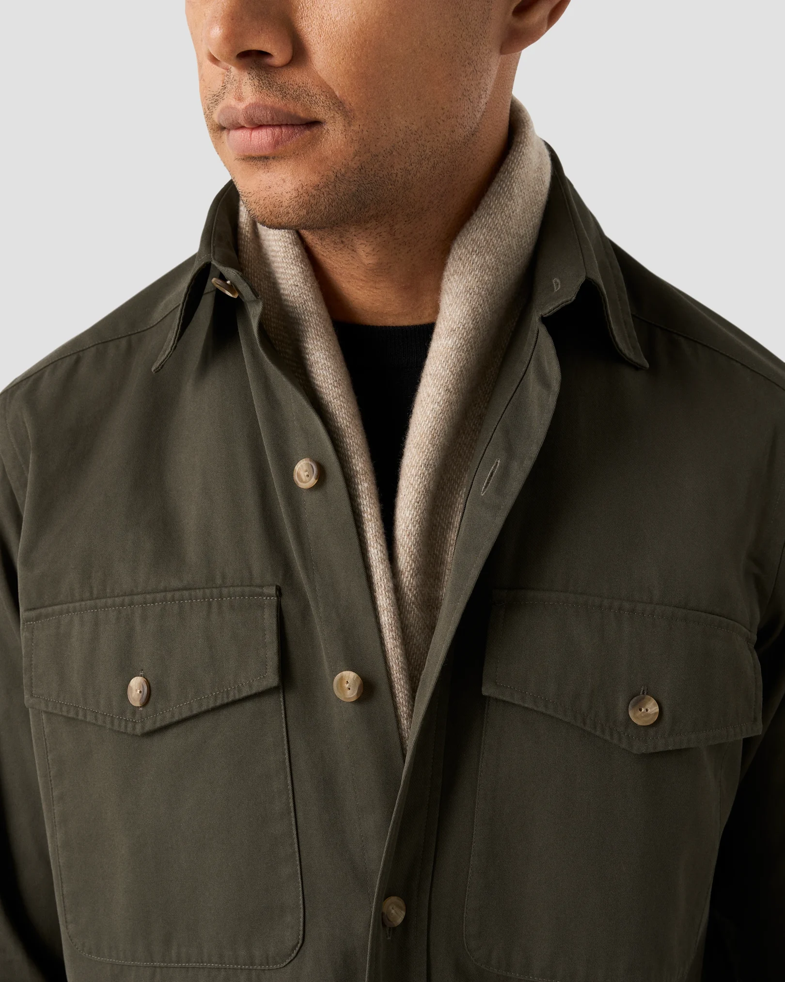 Eton - dark green twill long pointed collar double rounded overshirt