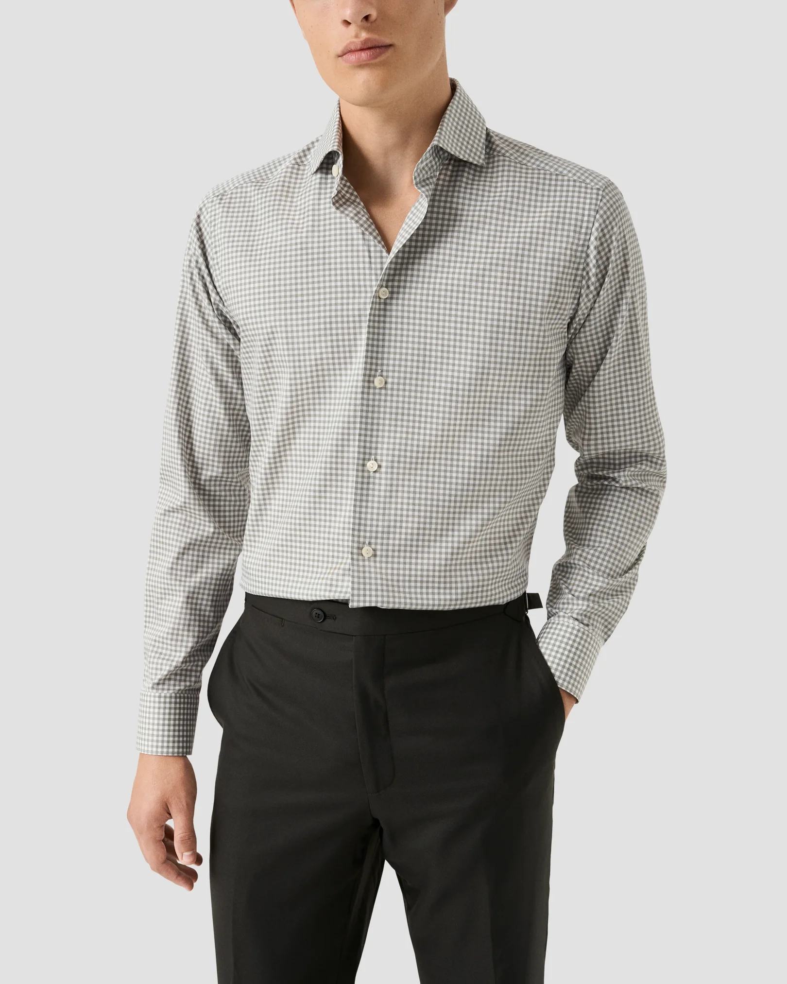 Eton - mid green check melange twill shirt