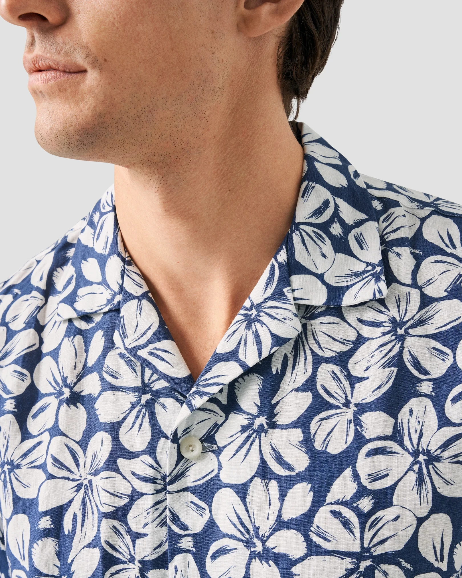 Eton - Blue Floral Print Linen Resort Shirt