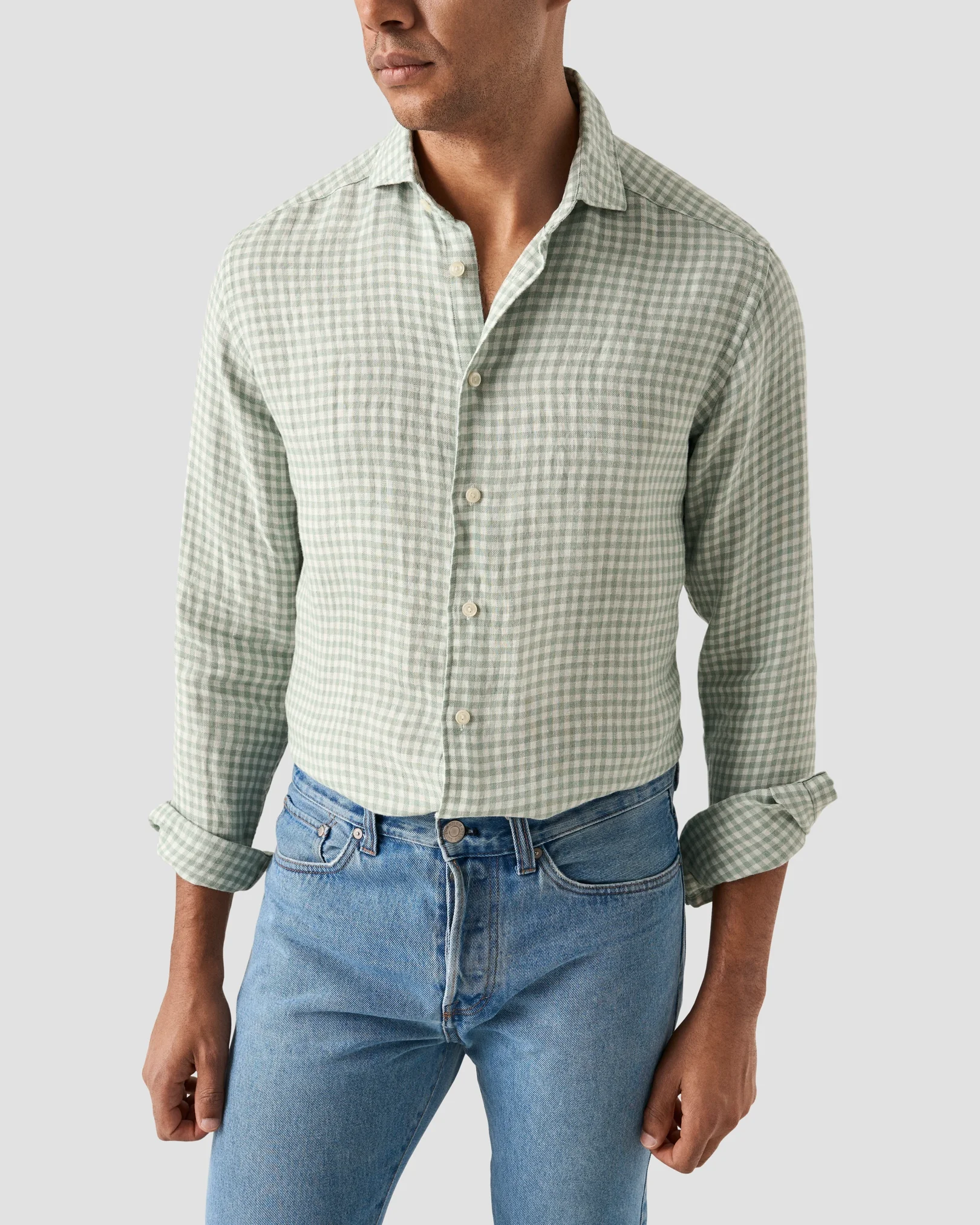 Eton - mid green checked linen twill shirt