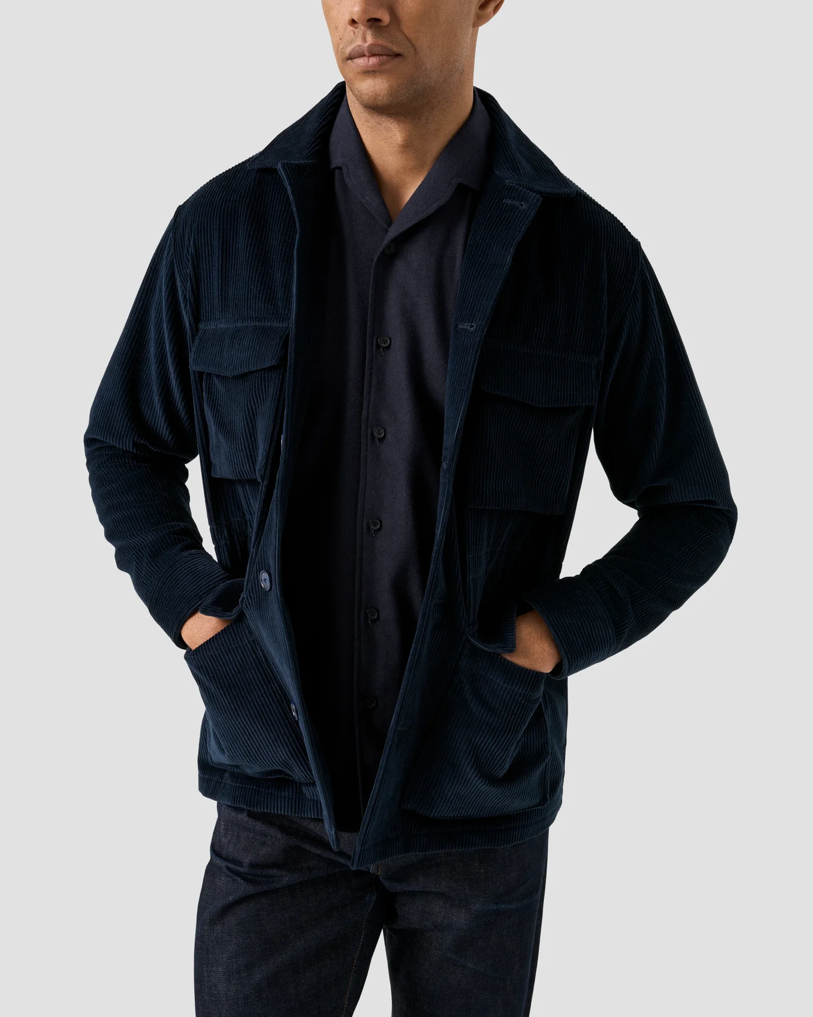 Eton - solid flannel shirt navy blue solid flannel shirt